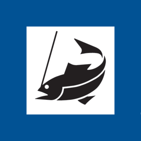 Fiskdamsmärkesskylt med en fisk som fångas med ett spö.