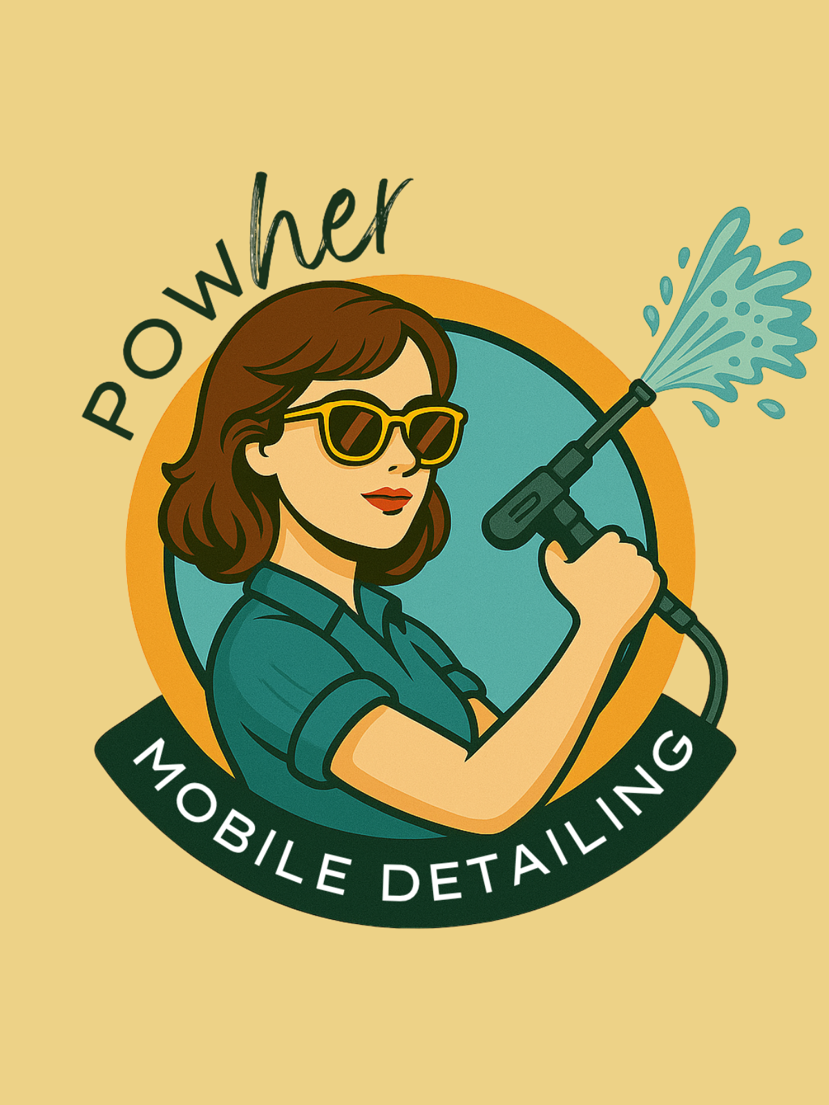 PowHer Mobile Detailing logo with illustrated female detailer spraying water from a pressure washer.