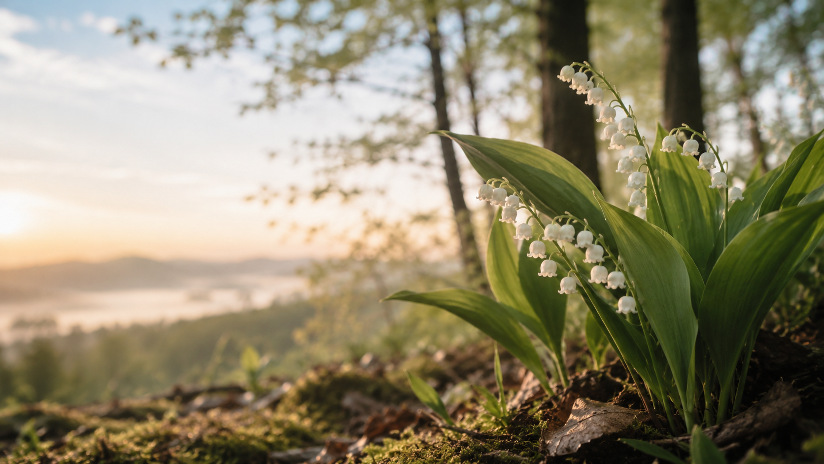 Close-up of lily of the valley flowers with green leaves in a forest at sunset.