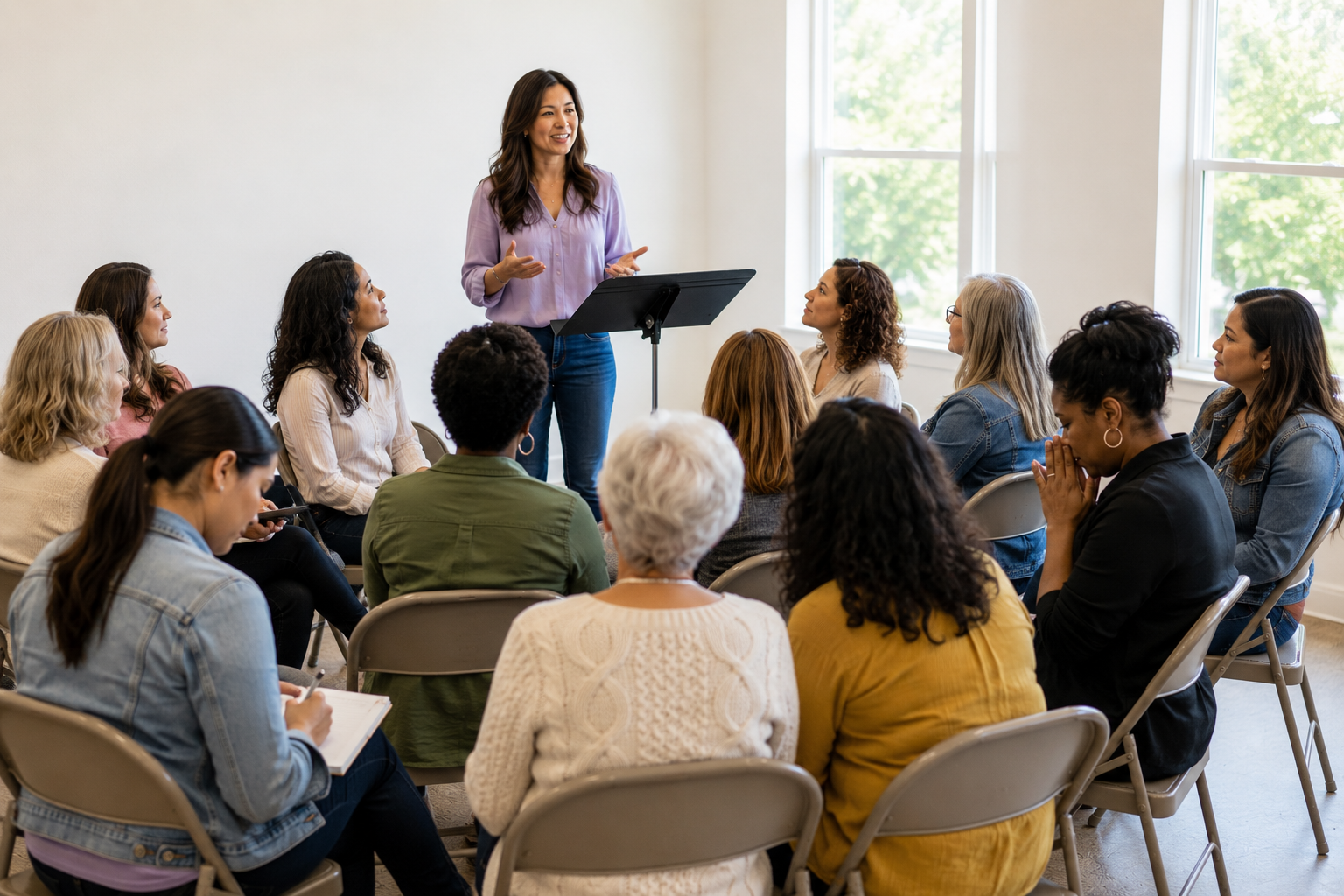 A woman in a purple blouse standing at a music stand leading a discussion with a diverse group of women seated in a semi-circle in a brightly lit room with large windows.