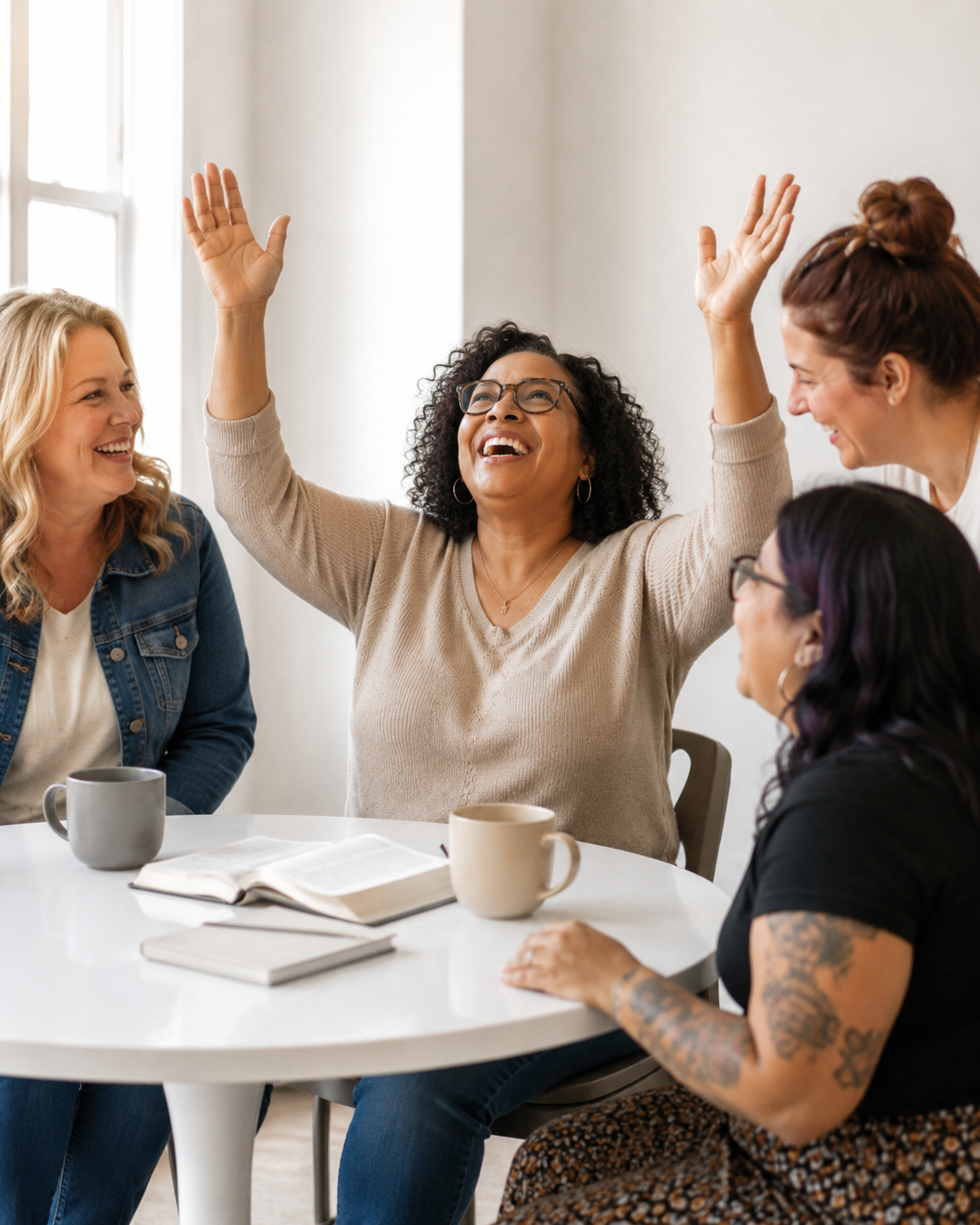 A group of women sitting around a white table, smiling and chatting. One woman in the center with glasses has her hands raised in celebration. There are cups, an open book, and a closed notebook on the table.