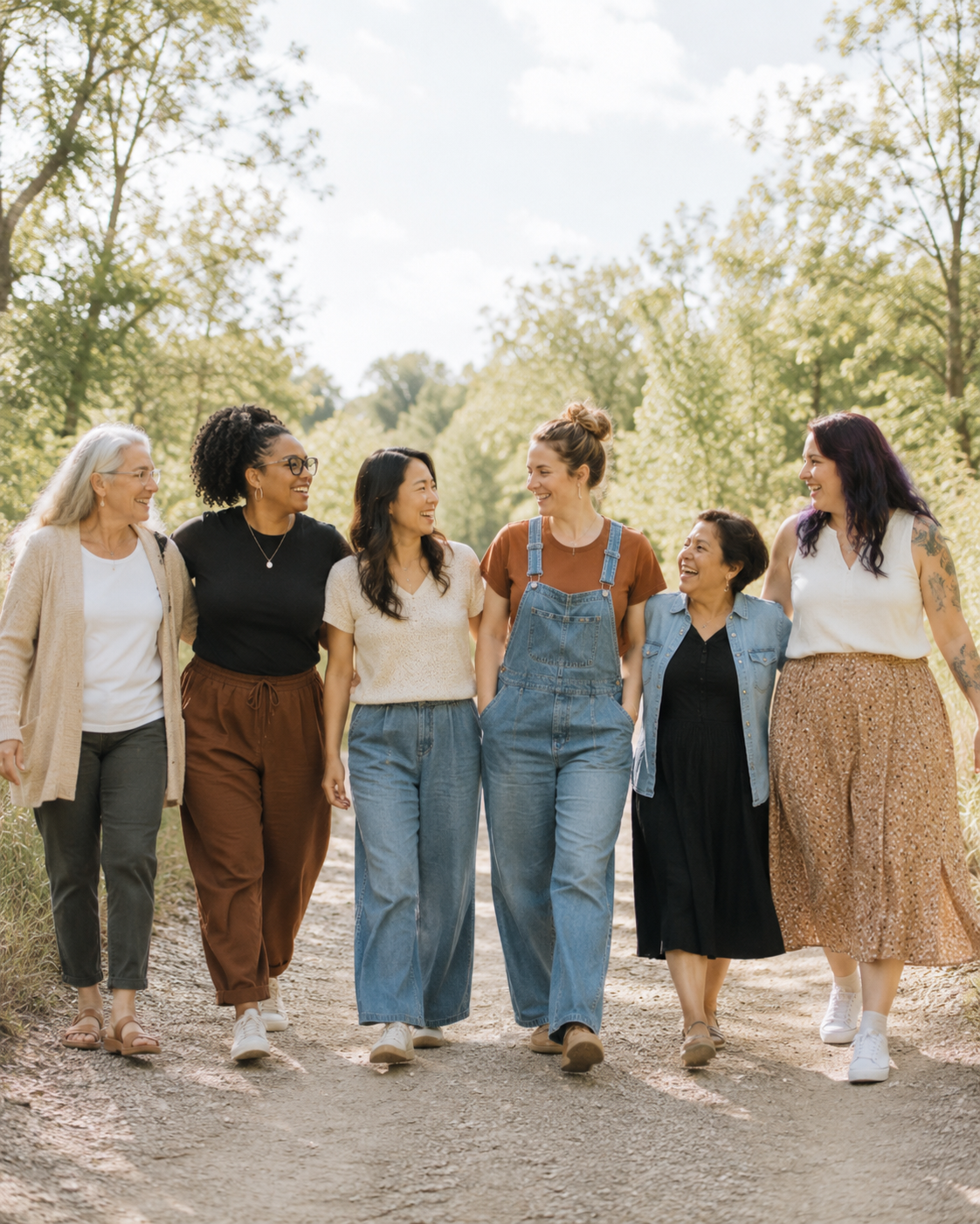 Group of diverse women walking and smiling together outdoors on a sunny day.