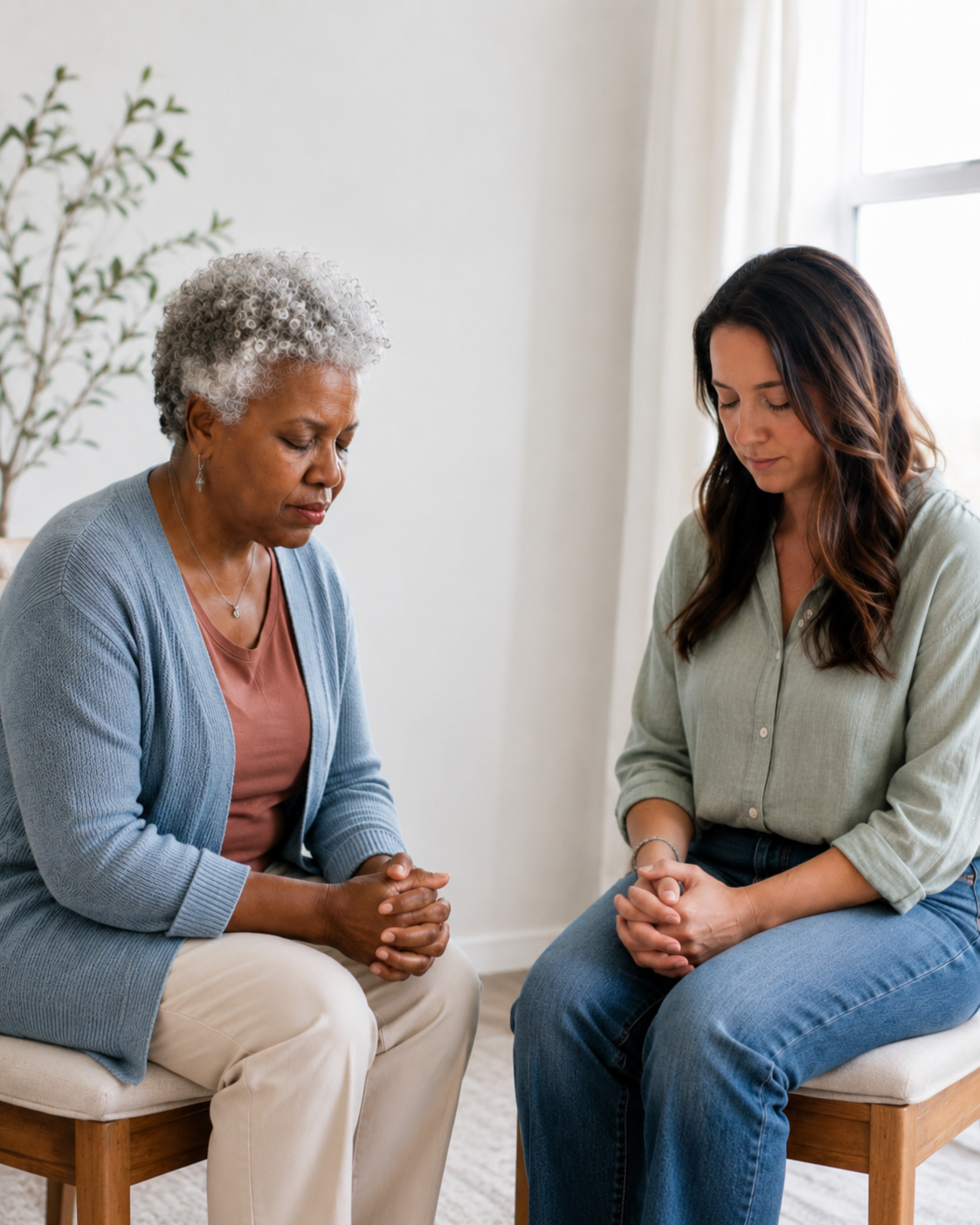 Two women sit with heads bowed and hands clasped, appearing to pray or have a moment of silence in a bright room.