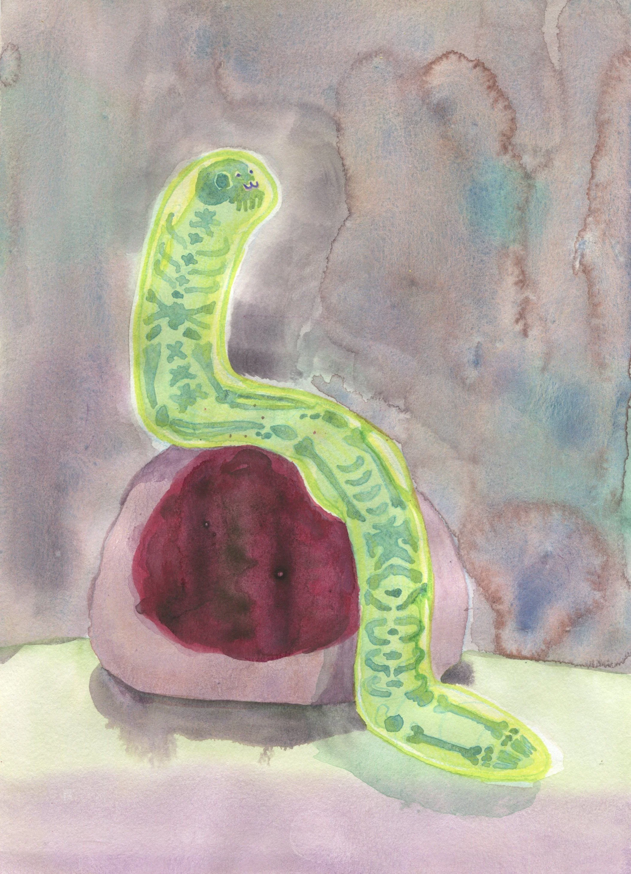 Bone Worm. Did it swallow all them bones? Why are there so many? What are they even for? Watercolour + highlighter