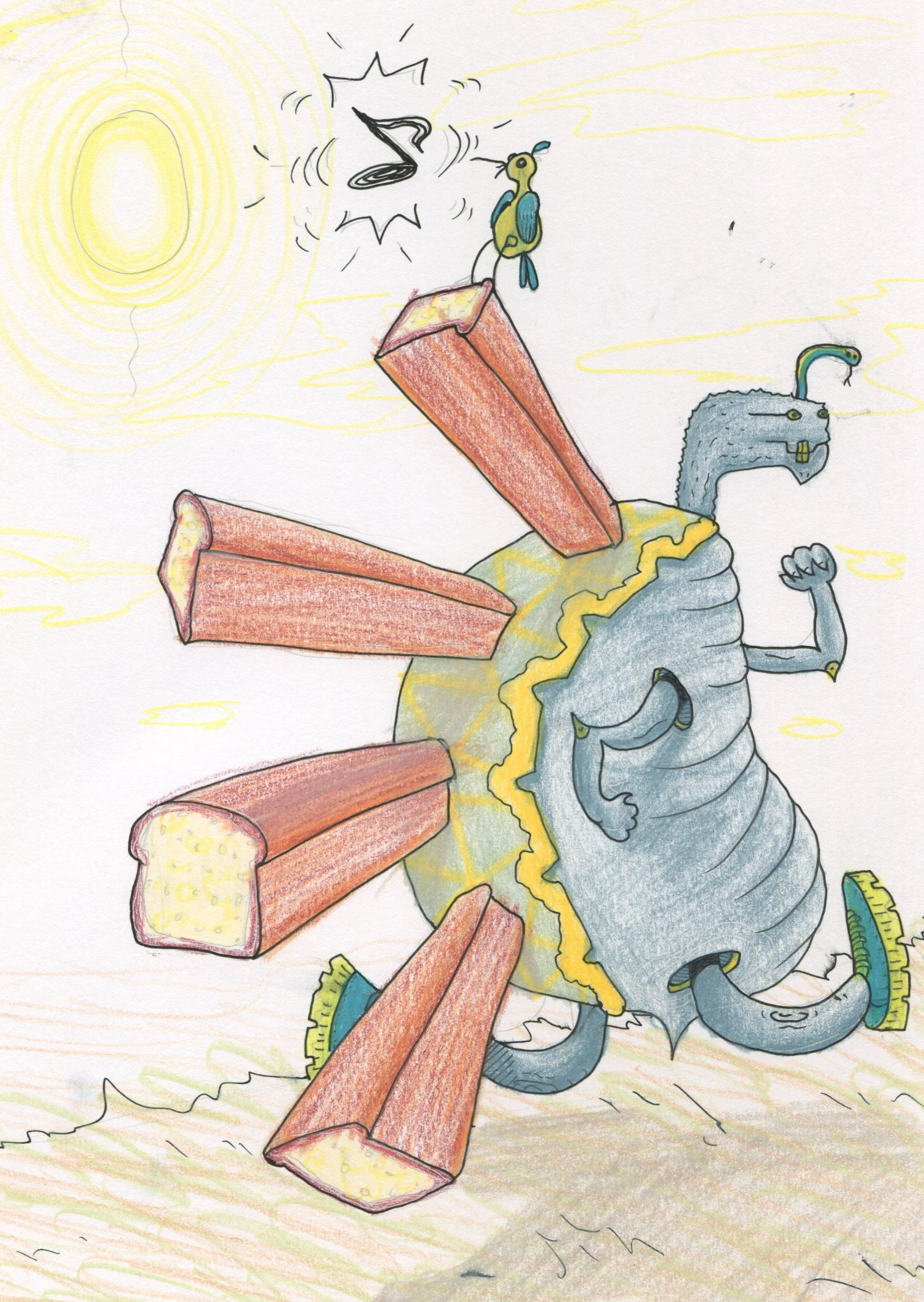 pencil crayon - turtle running with toast erupting from it's shell??? yup
