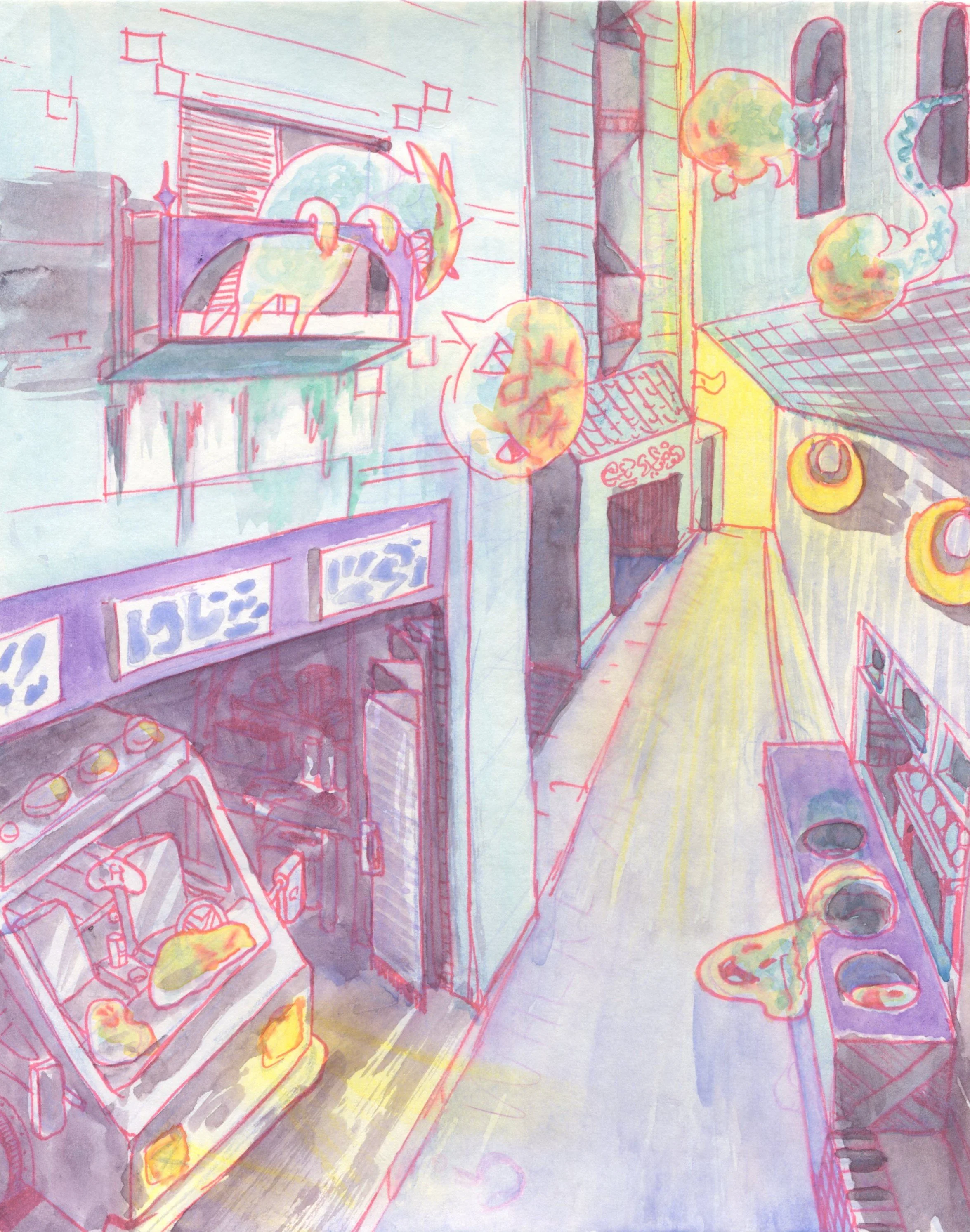 Imagined night street scenery replete with slimy ghosties. Watercolour + pencil crayon