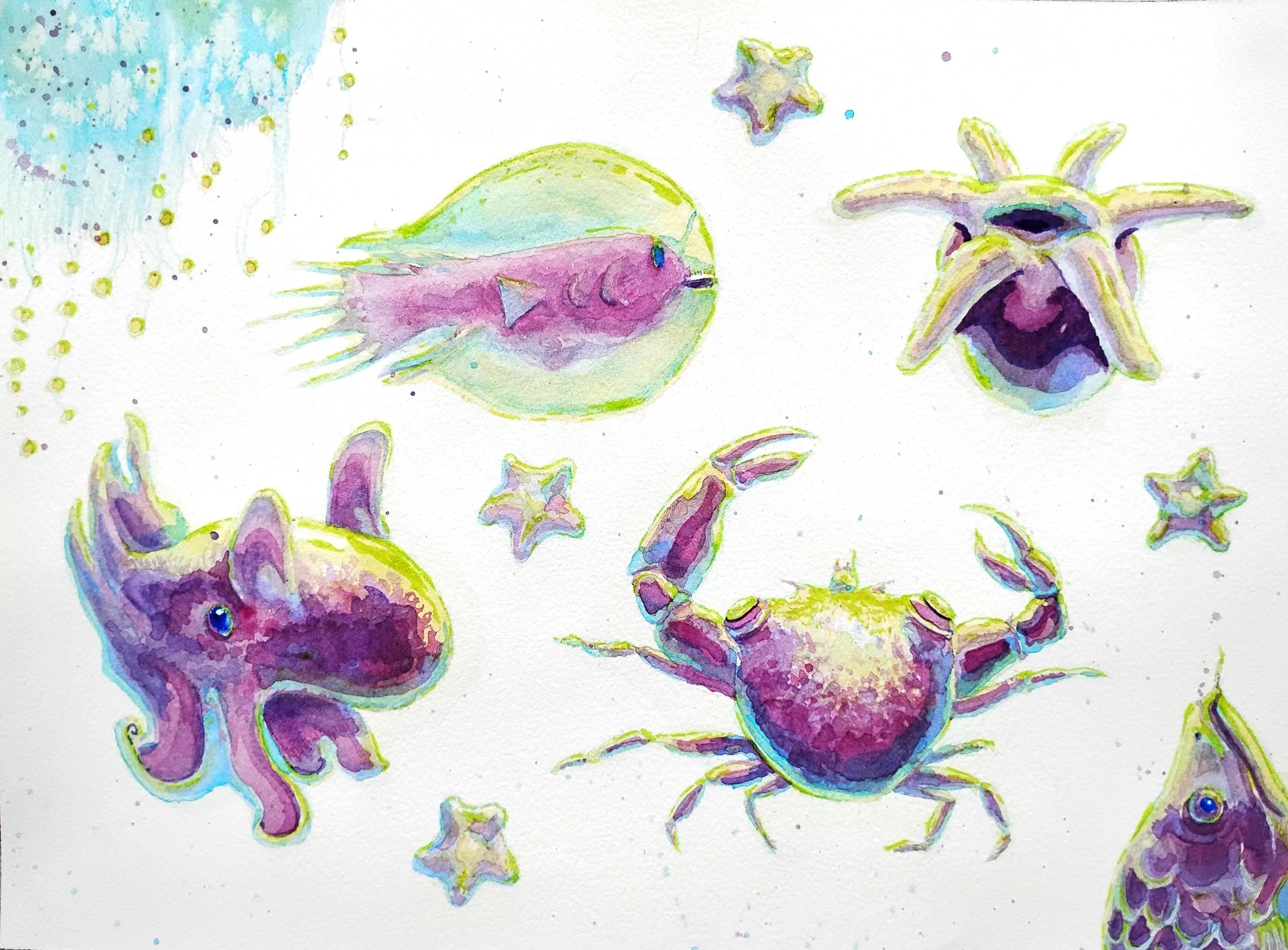 Ocean Buddies - watercolour + highlighter