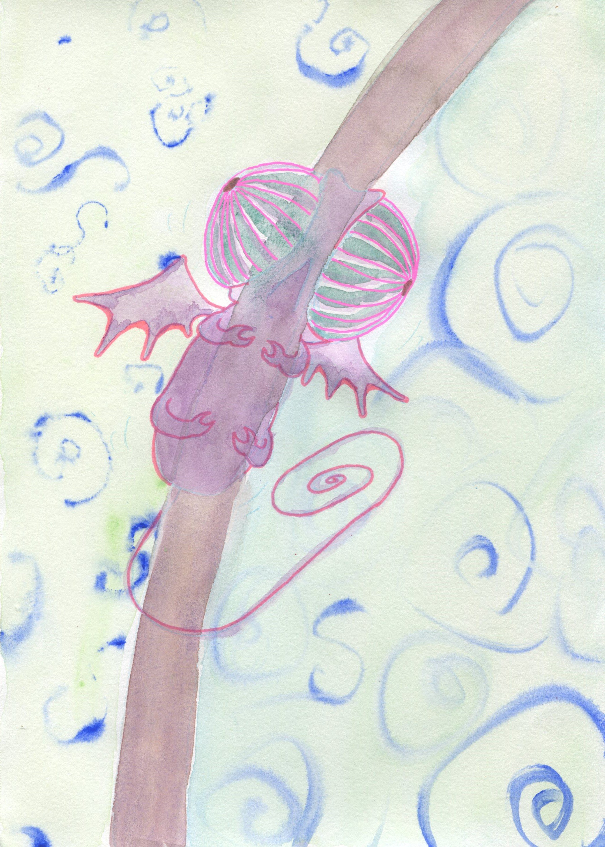 Chameleon with lil' bat wings. Watercolour + gel pen