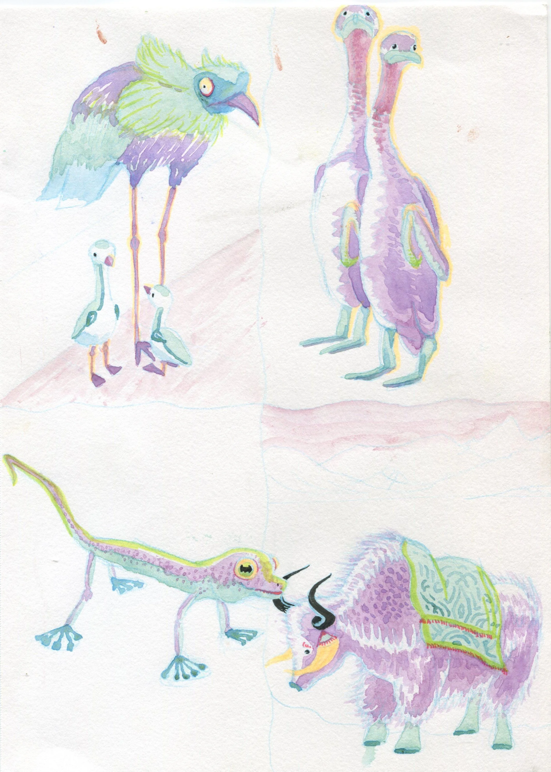A fan favourite! Animals in the new colour palette I have taken to calling 'Tokyo Slime'. Watercolour + pen