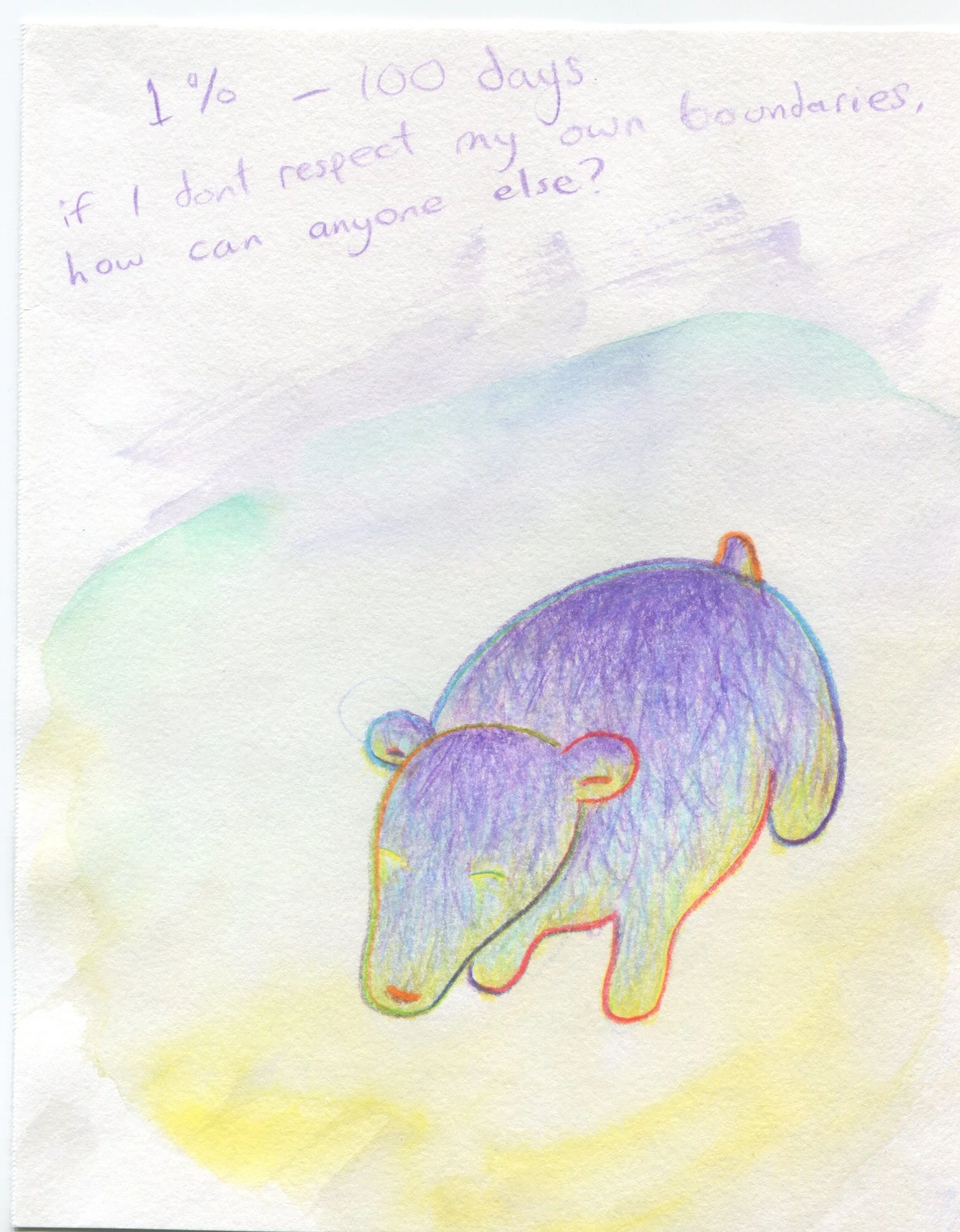 pencil crayon sketch - peaceful bear-thingy + bonus affirmation (not sure which came first or if they were even meant to go together but that's how sketchbooks go sometimes)