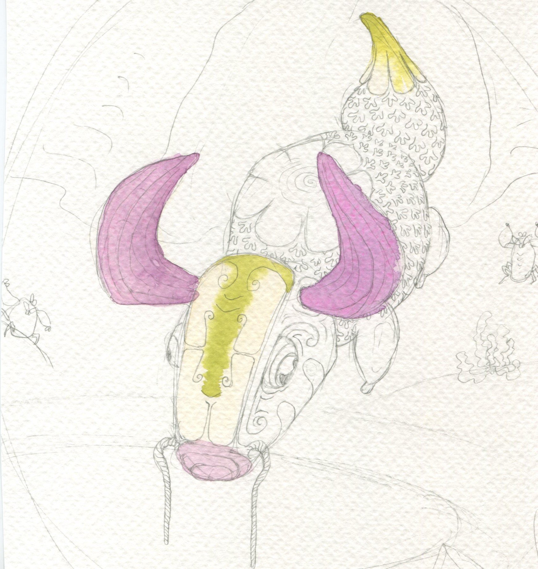 sketch of a cow-like animal that popped up in my imagination one day and refused to leave until I looked at it from many angles while it drank peacefully.