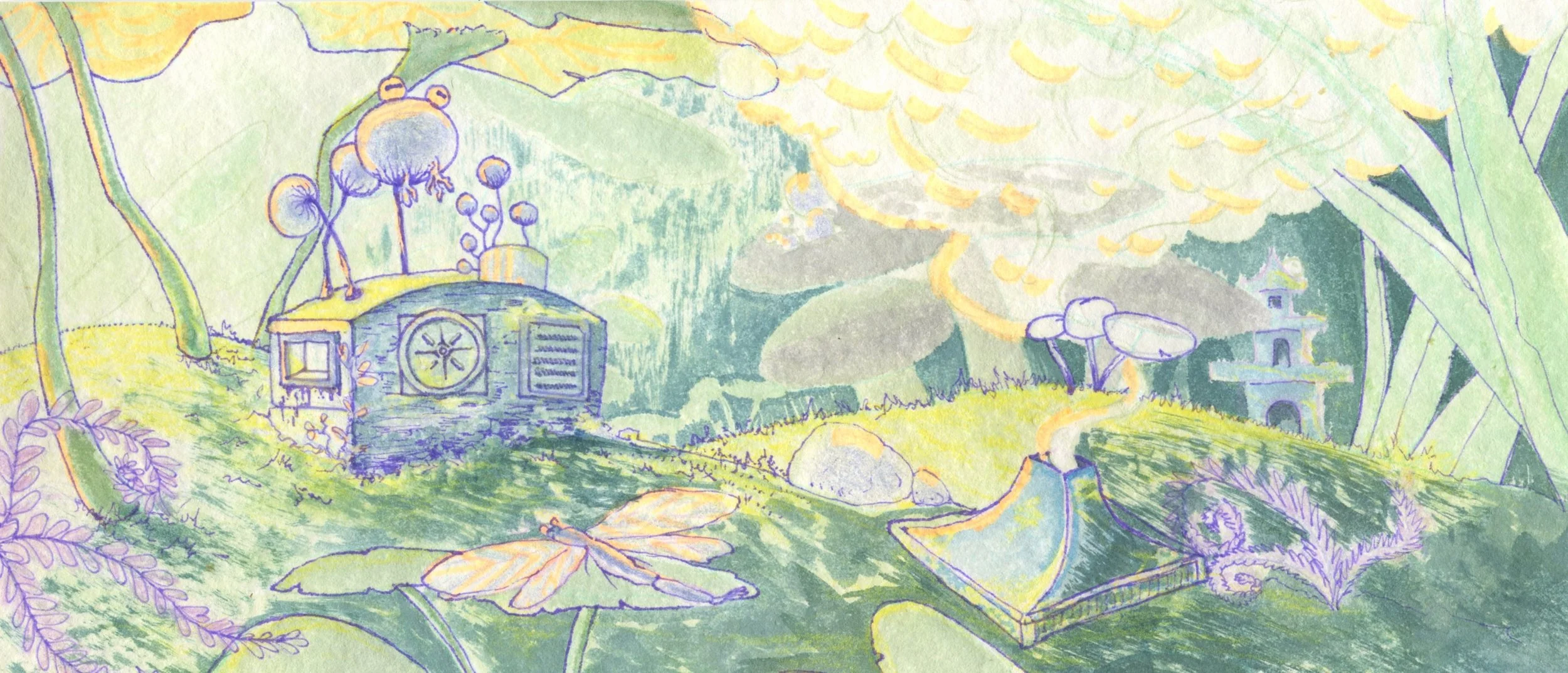 Full imaginary tiny forest scene. Watercolour + gel pen