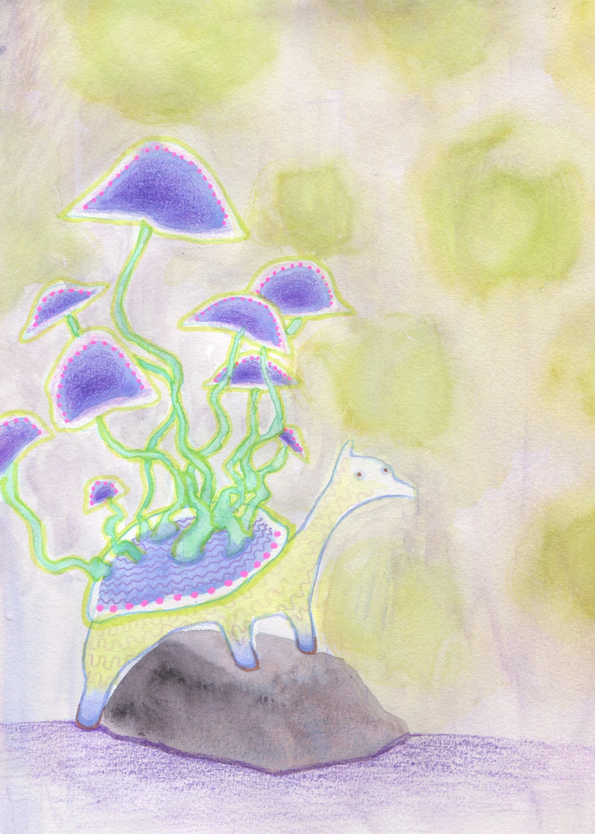 Fungus Dino symbiont. Watercolour + highlighter + pencil crayon