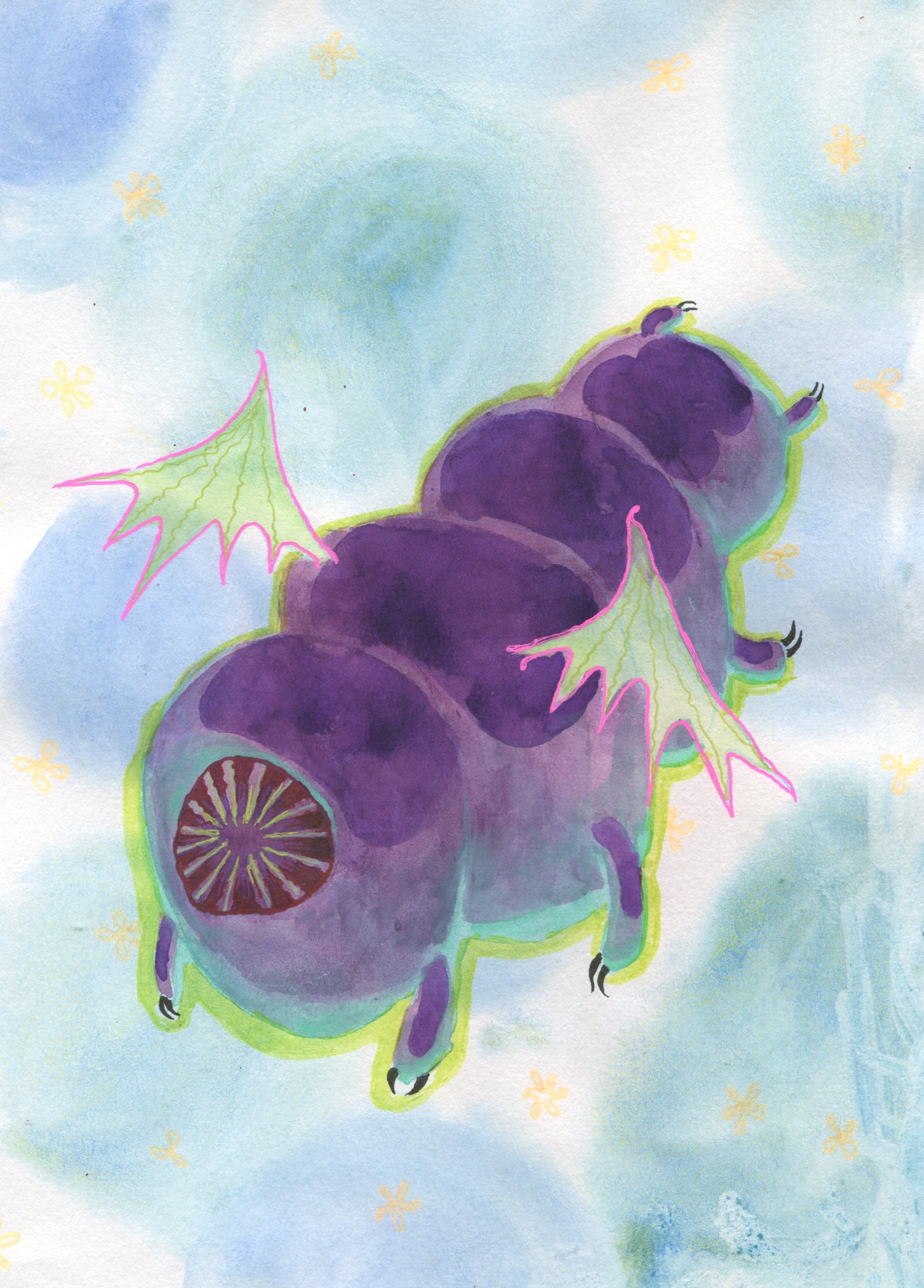 Tardigrade with lil' batty wings. Watercolour + highlighter