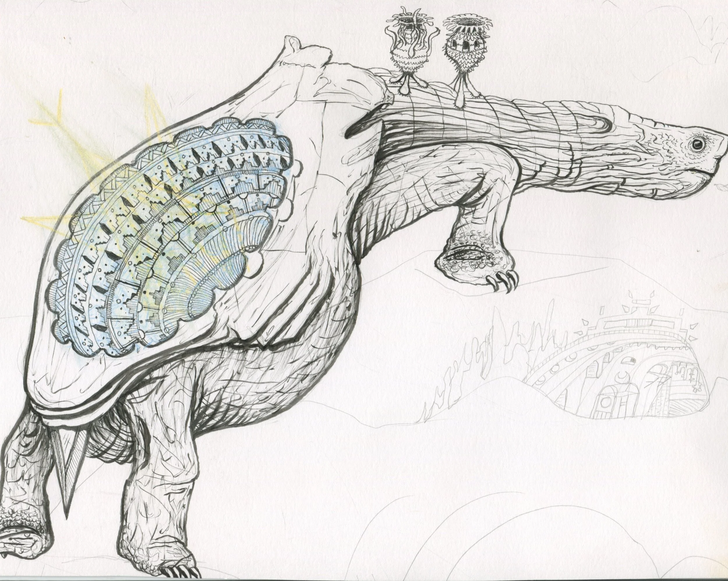 fineliner + pencil crayon - the shell design was inspired by ancient Indian water wells after travelling there in 2016. There was a star tortoise at a cafe that begged for fruit by climbing up the small bench we sat upon that looked like this!