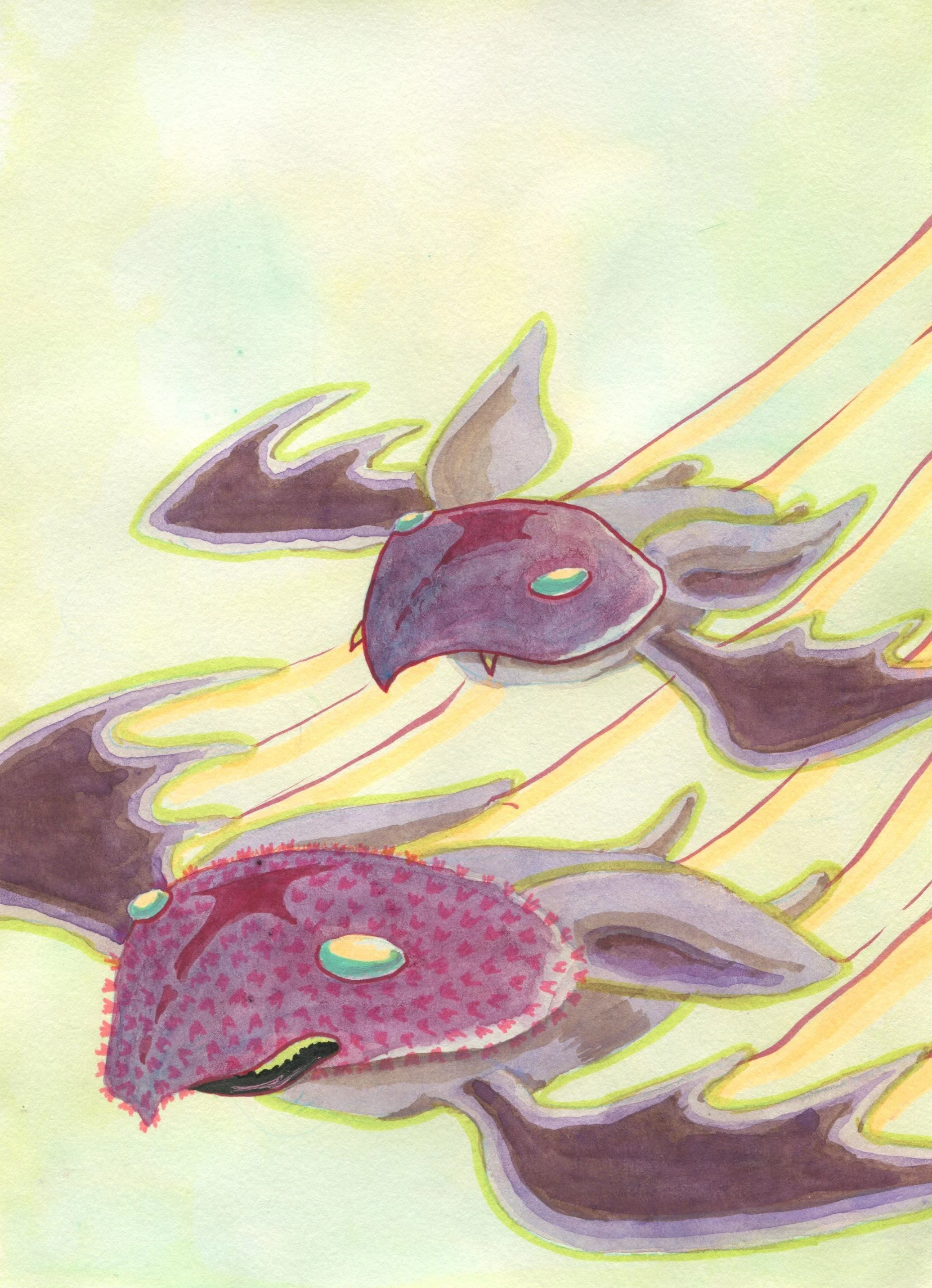 Bats have fun. Watercolour + highlighter