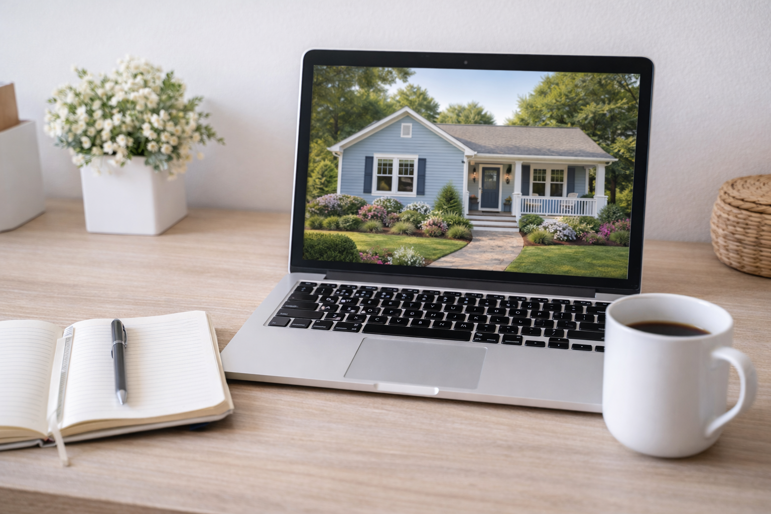 Laptop on a desk displaying a house with a garden, surrounded by greenery and flowers. Next to the laptop is a white mug of coffee, an open notebook with a pen, a potted plant, and a wicker basket on the desk.