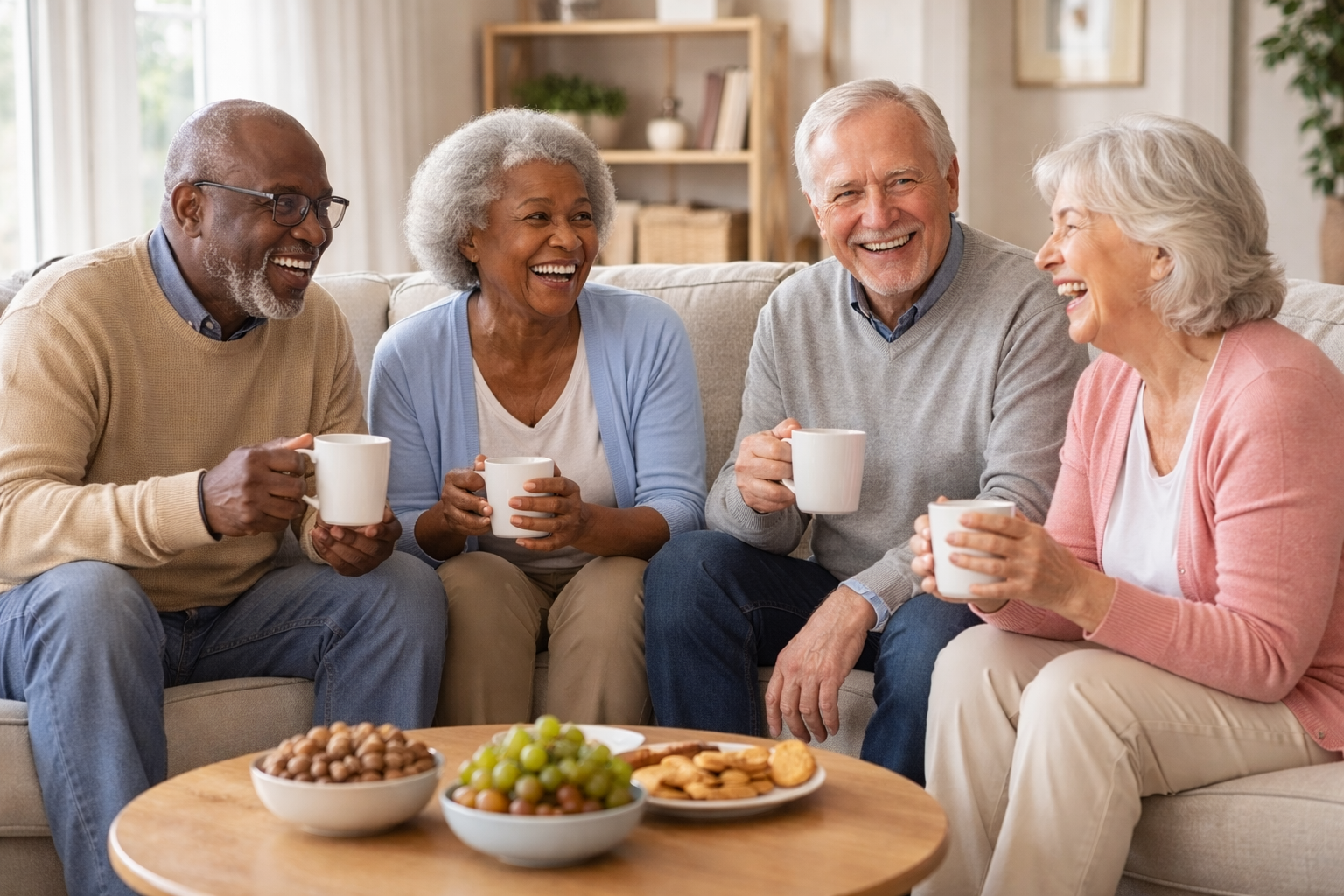 Four elderly people sitting on a couch, smiling, and holding coffee mugs, enjoying a social gathering in a cozy living room with a table of snacks including grapes and cookies in front of them.