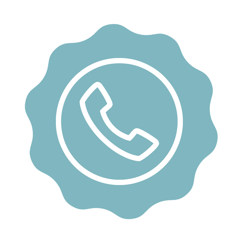 Icon of a telephone handset inside a circle, set against a light blue, irregularly shaped background.