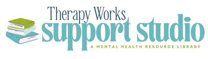 Logo for Therapy Works Support Studio, a mental health resource library, featuring stacked books and text in blue and green.