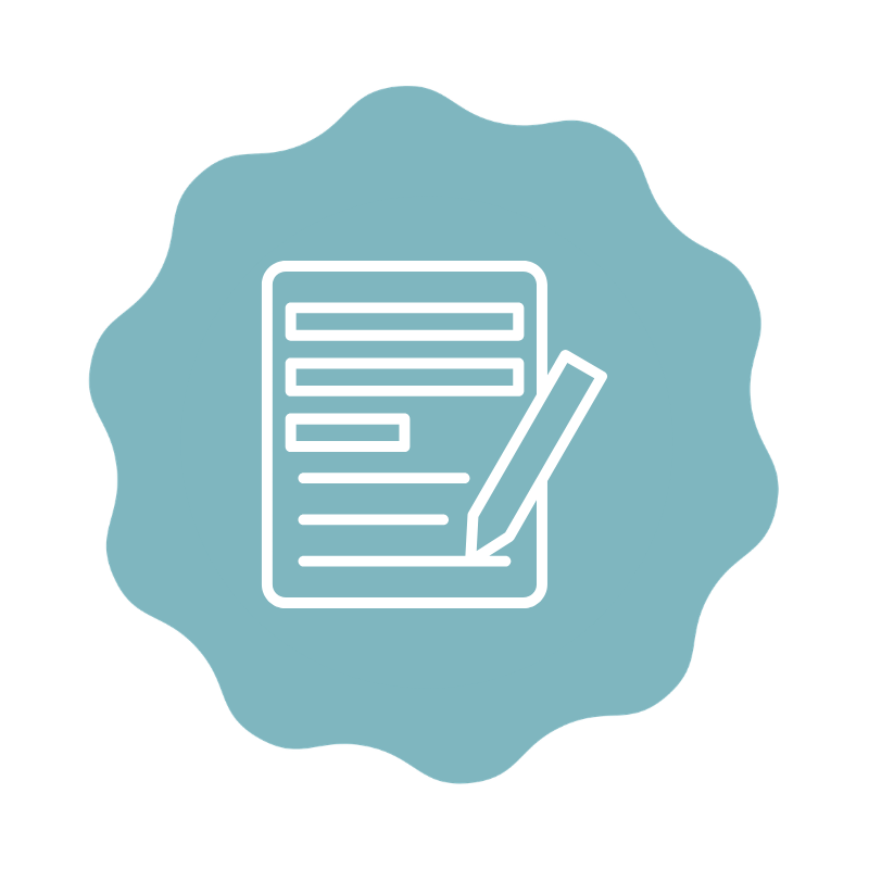 Icon of a clipboard with lines of text and a pen.