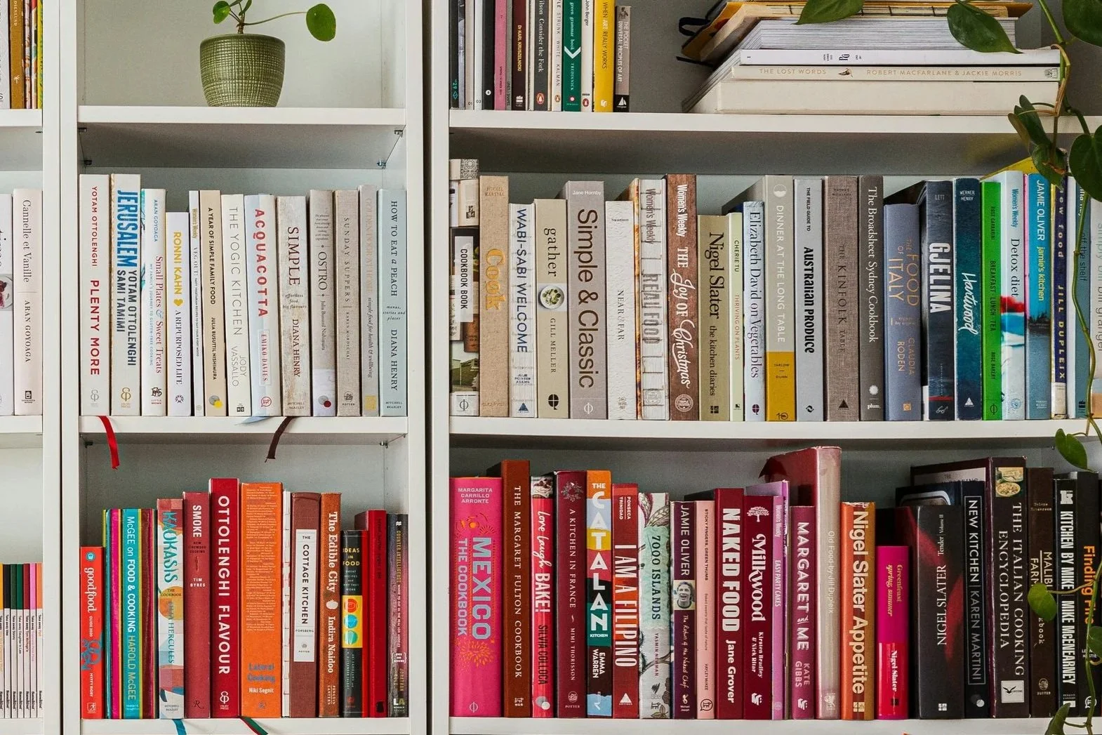 A bookshelf filled with books of various genres, sizes, and colors. There is a plant in a green pot on the top shelf. Titles include cookbooks, literature, and cookery books.