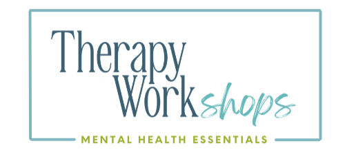 Text saying 'Therapy Workshops' and 'Mental Health Essentials' with a light blue border.
