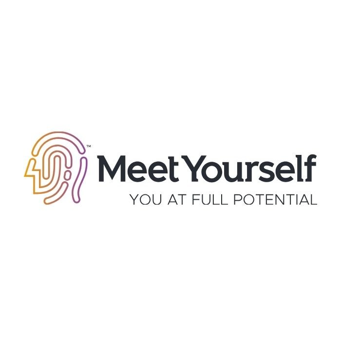 Logo featuring a stylized human profile with a colorful, abstract brain pattern to the left of the text, which reads "Meet Yourself" with the tagline "YOU AT FULL POTENTIAL."