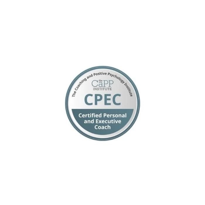 A circular badge with a gray and white color scheme that reads 'CPEC Certified Personal and Executive Coach' and 'The Coaching and Positive Psychology Institute' around the border, with the word 'CPEC' prominently in the center.