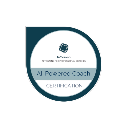 Excela AI-powered coach certification badge with a circular design, featuring the Excela logo and text indicating AI training for professional coaches.