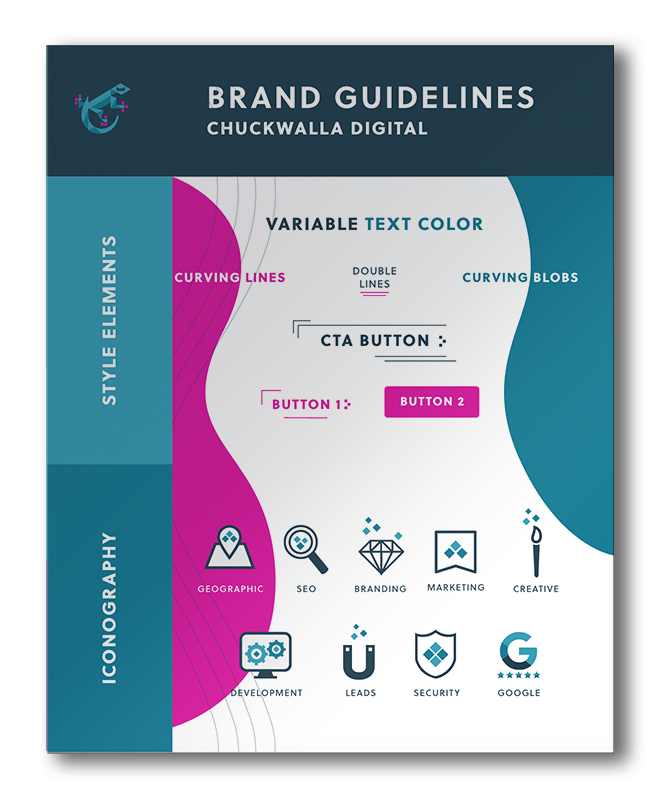 Brand guidelines infographic by Chuckwalla Digital showing style elements and iconography categories, with color samples, text styles, and icons for geographic, SEO, branding, marketing, creative, development, leads, security, and Google.