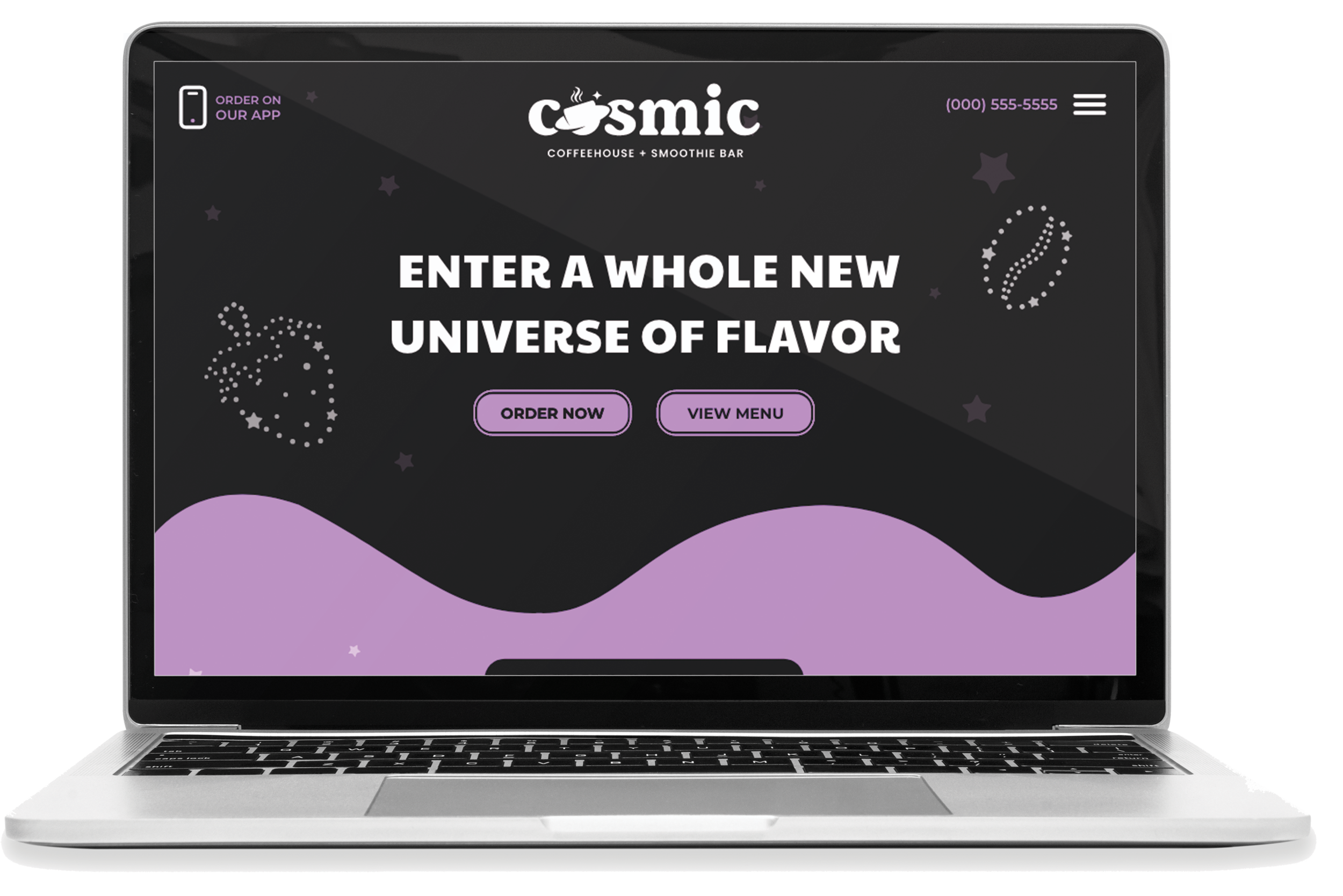 Laptop screen showing a website for Cosmic Coffeehouse + Smoothie Bar with the text "Enter a whole new universe of flavor" and buttons for 'Order Now' and 'View Menu'.