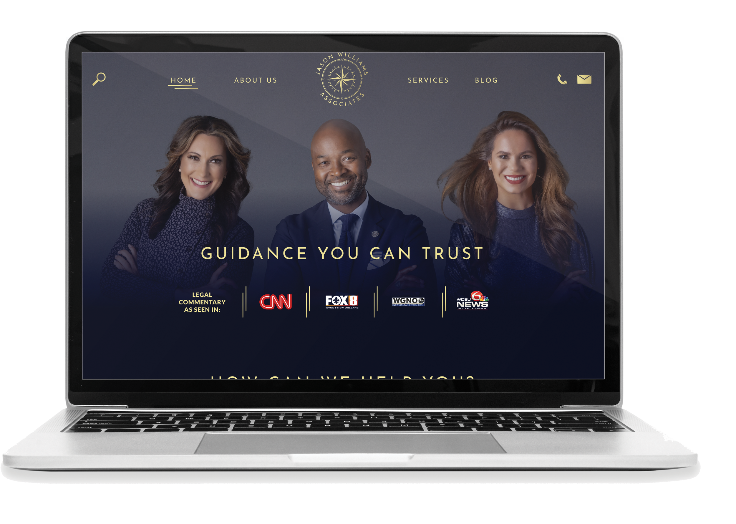 Website homepage of a legal guidance service featuring three diverse professionals smiling, with navigation menu links to Home, About Us, Services, Blog, and icons for phone and email; headline reads "Guidance You Can Trust" and mentions media outlets CNN, FOX 8, WGNO, and WDSU News.