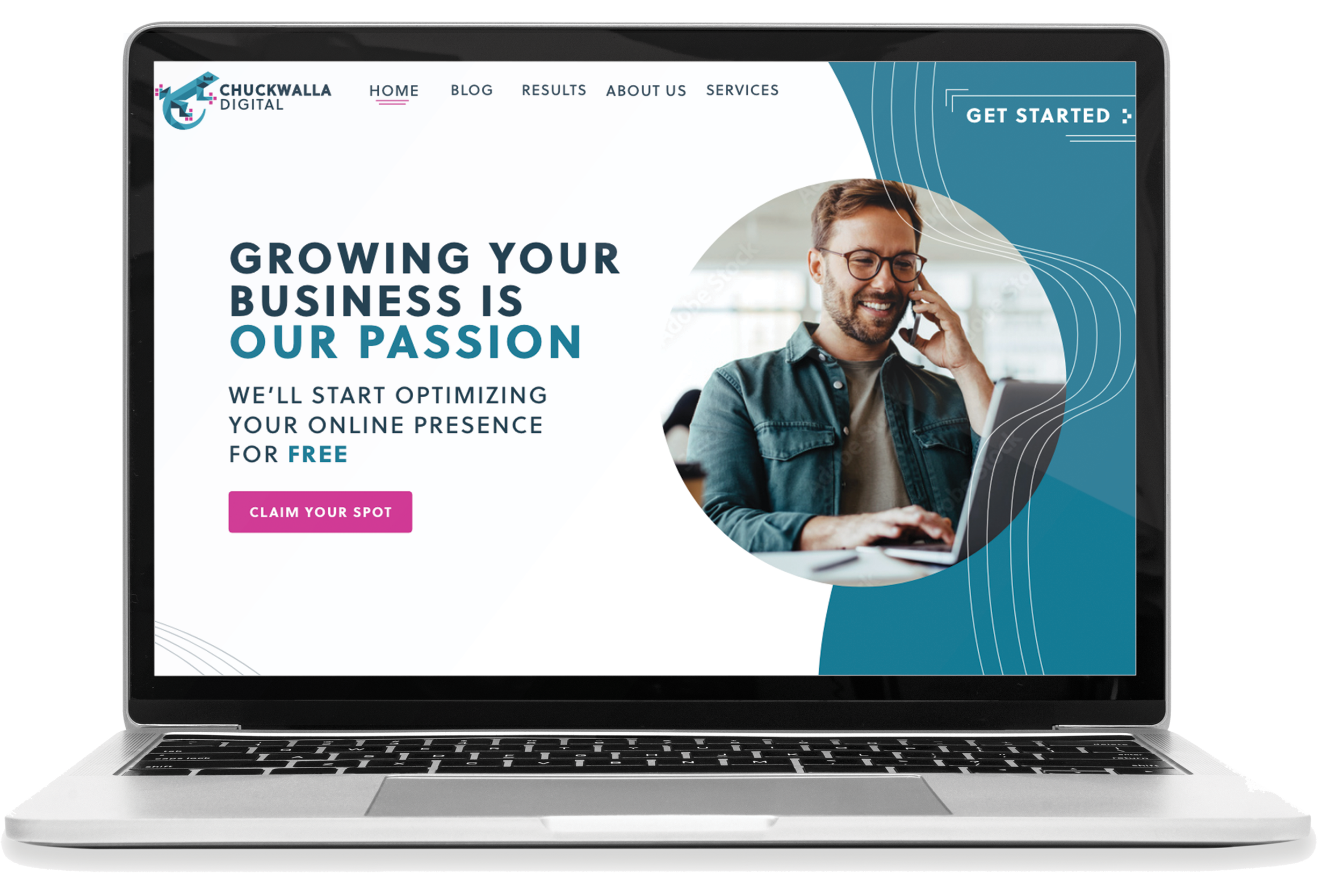 Laptop displaying a website for Chuckwalla Digital with a man talking on the phone, smiling, in a modern office setting. The page promotes online presence optimization with a call-to-action button labeled 'Claim Your Spot'.