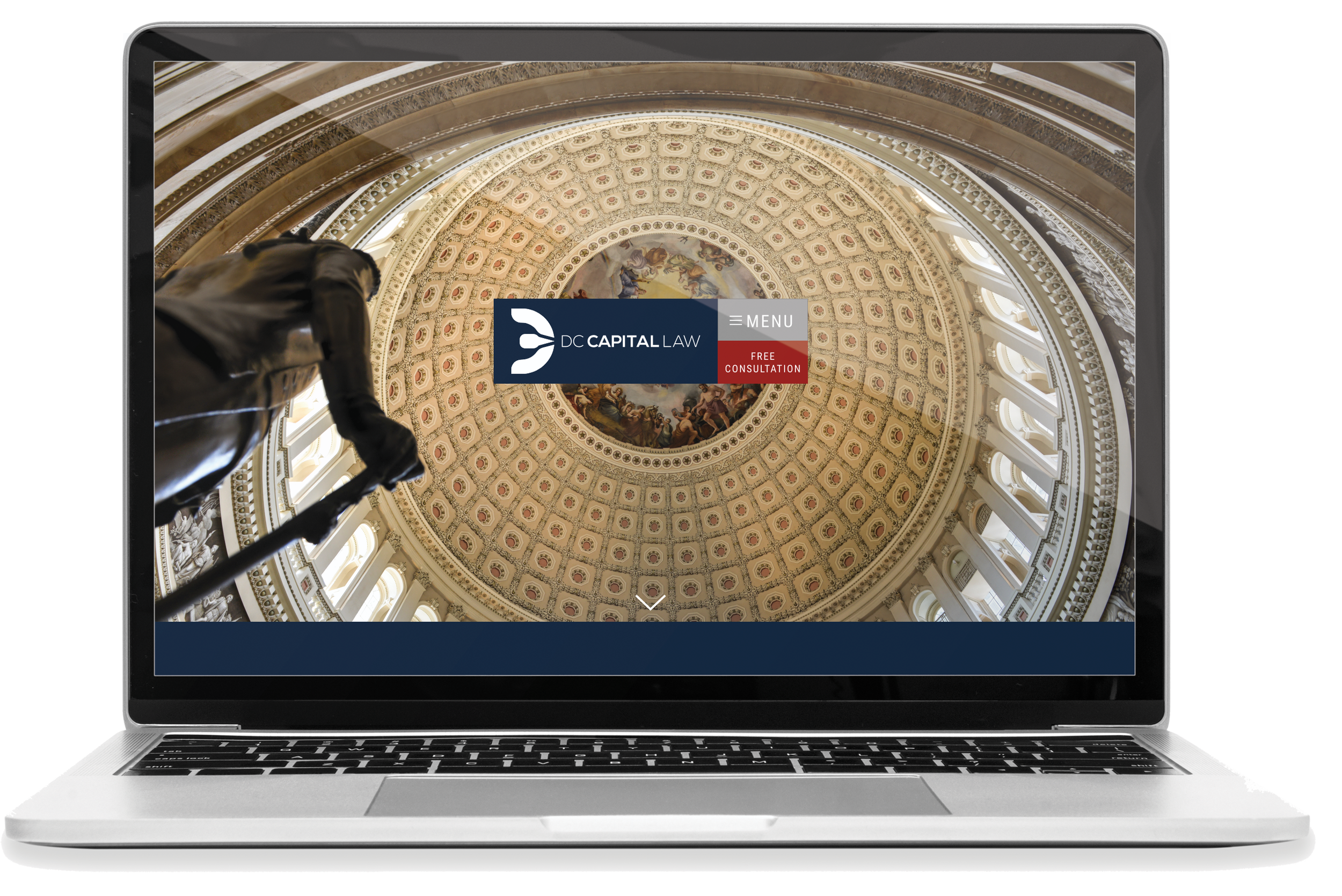 Laptop screen displaying a webpage for DC Capital Law, with an image of the interior dome of a legislative building, featuring a painted ceiling and a statue in the foreground.