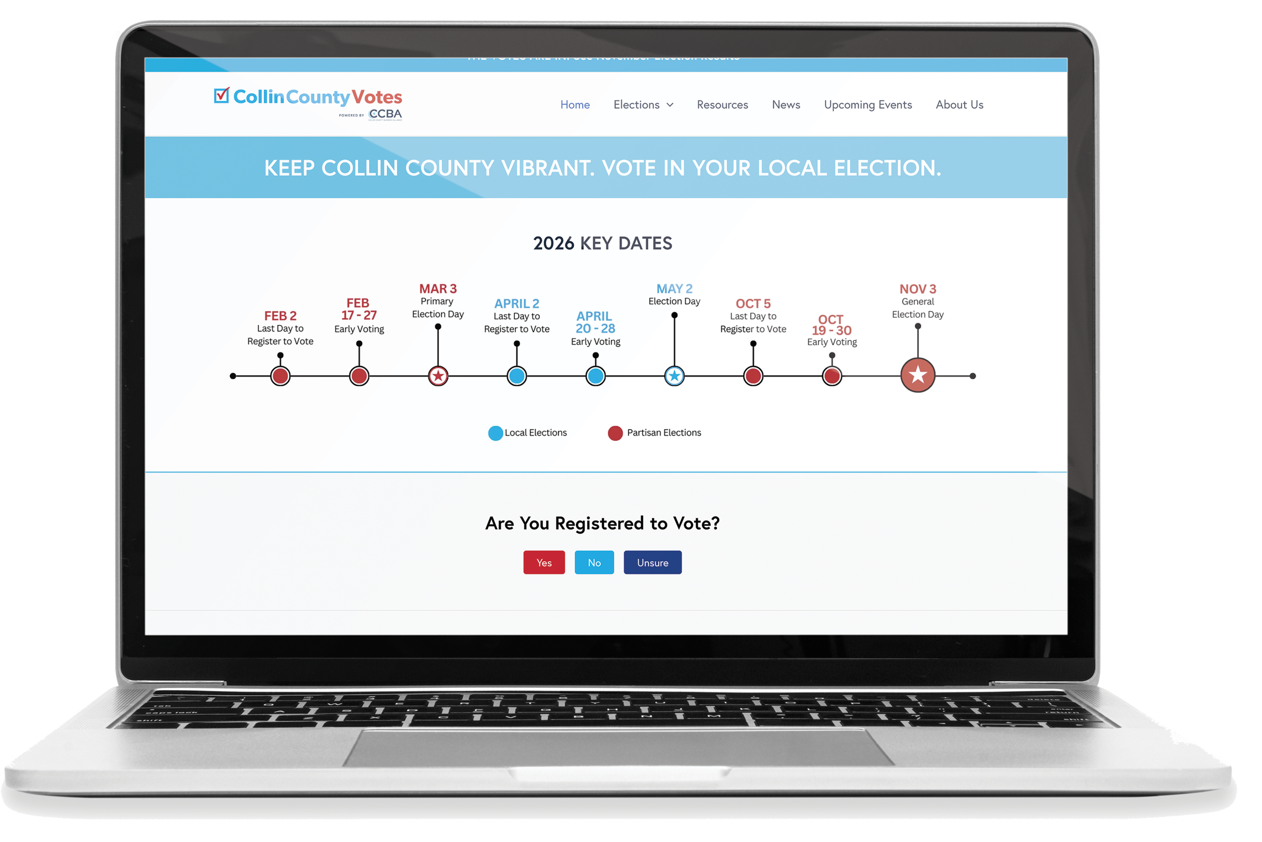A laptop screen showing a website for Collin County Votes with key election dates for 2026, including early voting, primary, and general election days, and options to confirm voter registration status.