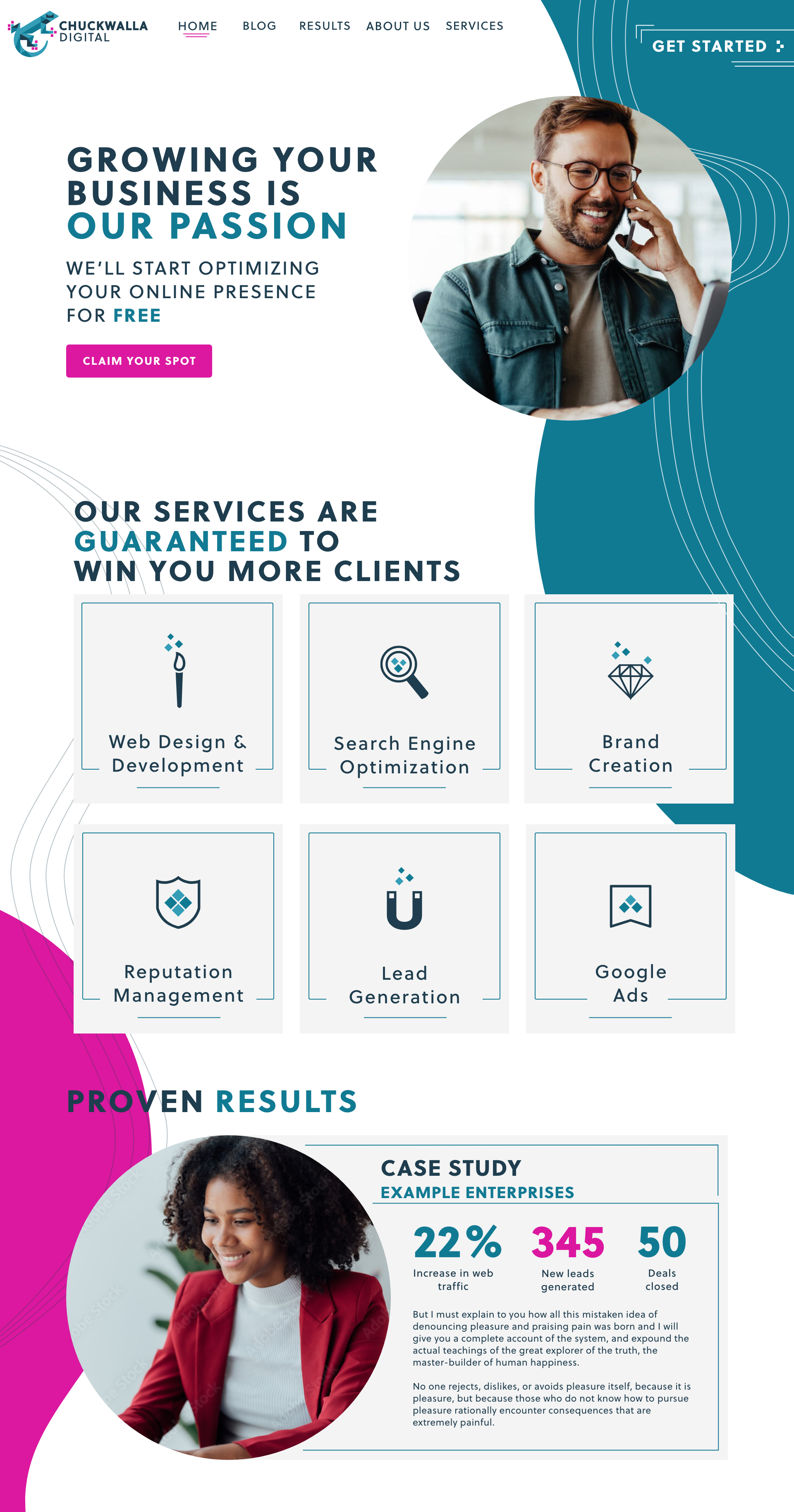 A digital marketing agency website homepage featuring a smiling man talking on the phone. The site promotes services including web design, SEO, brand creation, reputation management, lead generation, and Google Ads. The section highlights proven results with a case study showing a 22% increase in web traffic, 345 new leads, and 50 deals closed, accompanied by a photo of a woman in a red blazer.