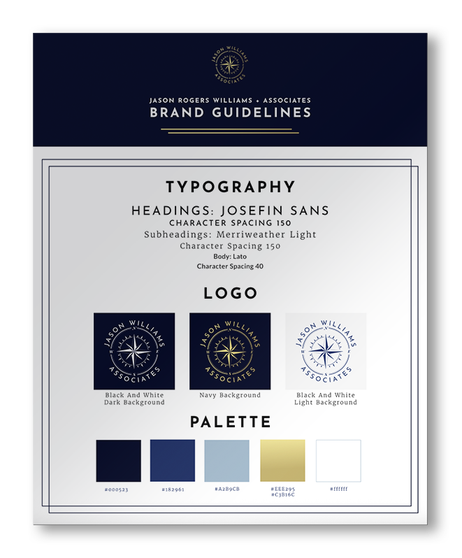 Brand guidelines document from Jason Rogers Williams Associates with typography, logo, and color palette details.