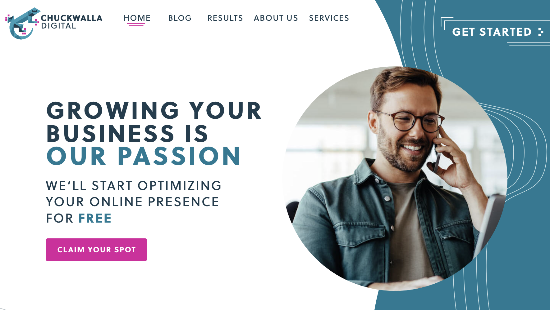 Website homepage for Chuckwalla Digital featuring a smiling man talking on the phone, with bold text promoting online presence optimization and a pink 'Claim Your Spot' button.