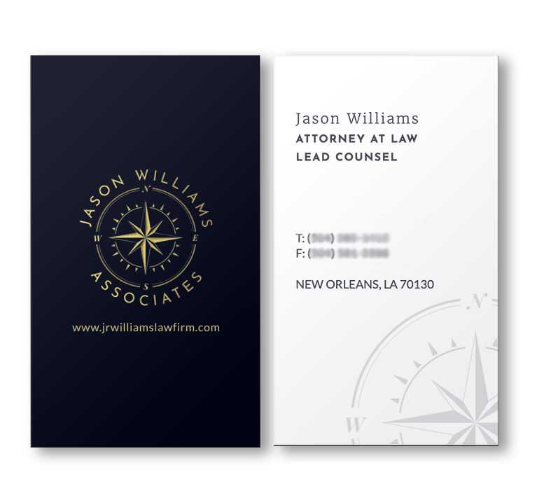 Business card for Jason Williams, attorney at law, lead counsel, with contact information and logo for J.R. Williams & Associates featuring a compass design.