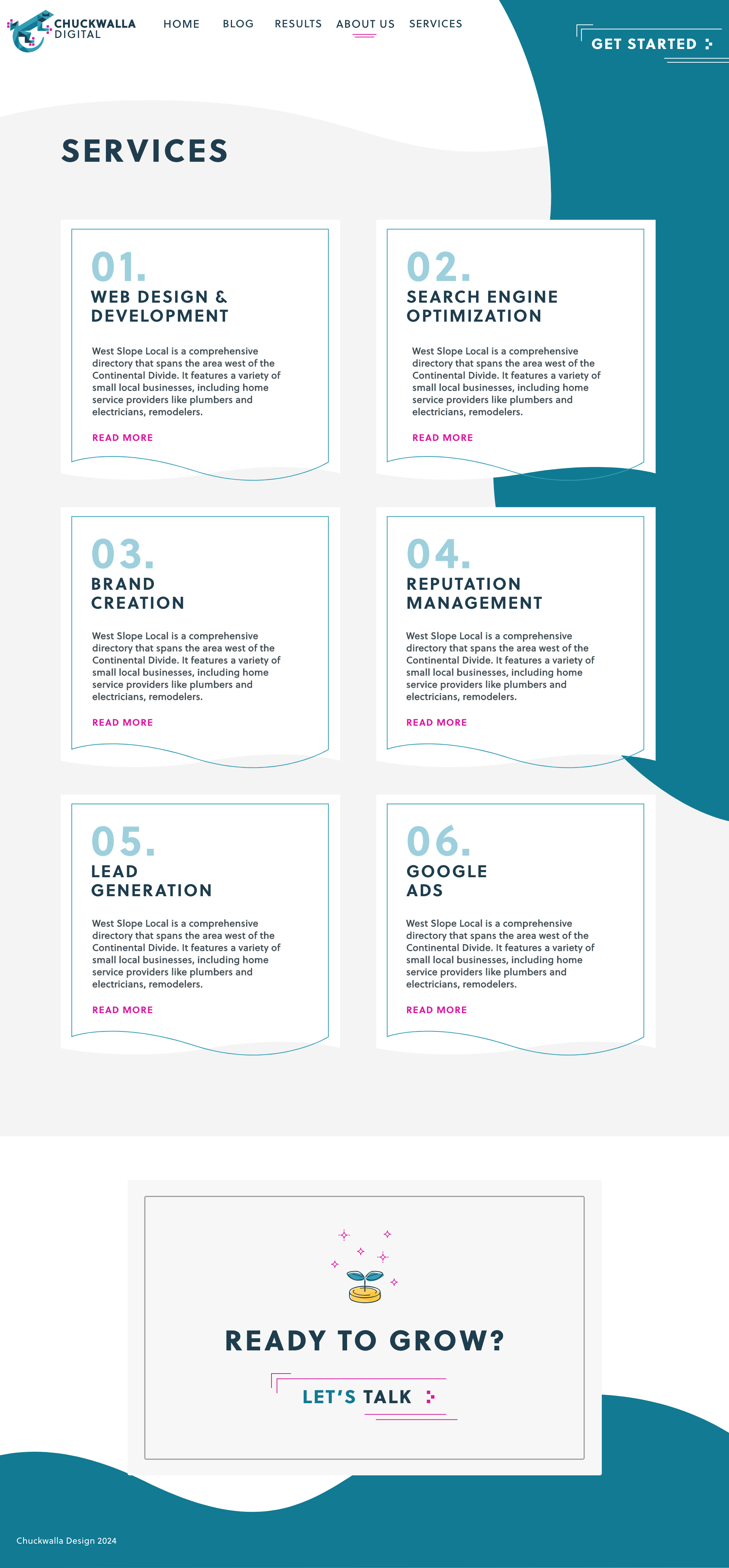 A webpage from Chuckwalla Digital showing their services section with six services listed: Web Design & Development, Search Engine Optimization, Brand Creation, Reputation Management, Lead Generation, Google Ads. Below, there's a call to action with the message 'Ready to Grow? Let's Talk' and an illustration of a plant sprout in a coin pot.