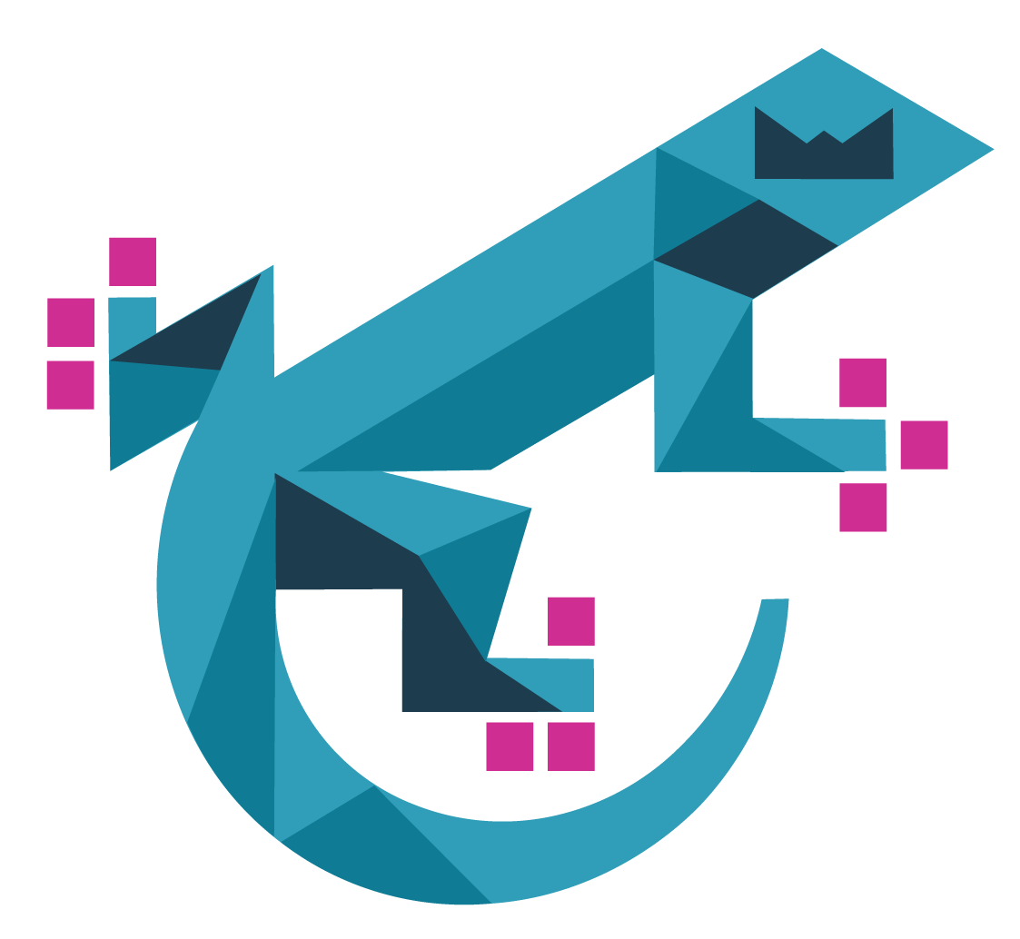 A stylized letter 'G' designed with geometric blue shapes and small purple squares on a black background.