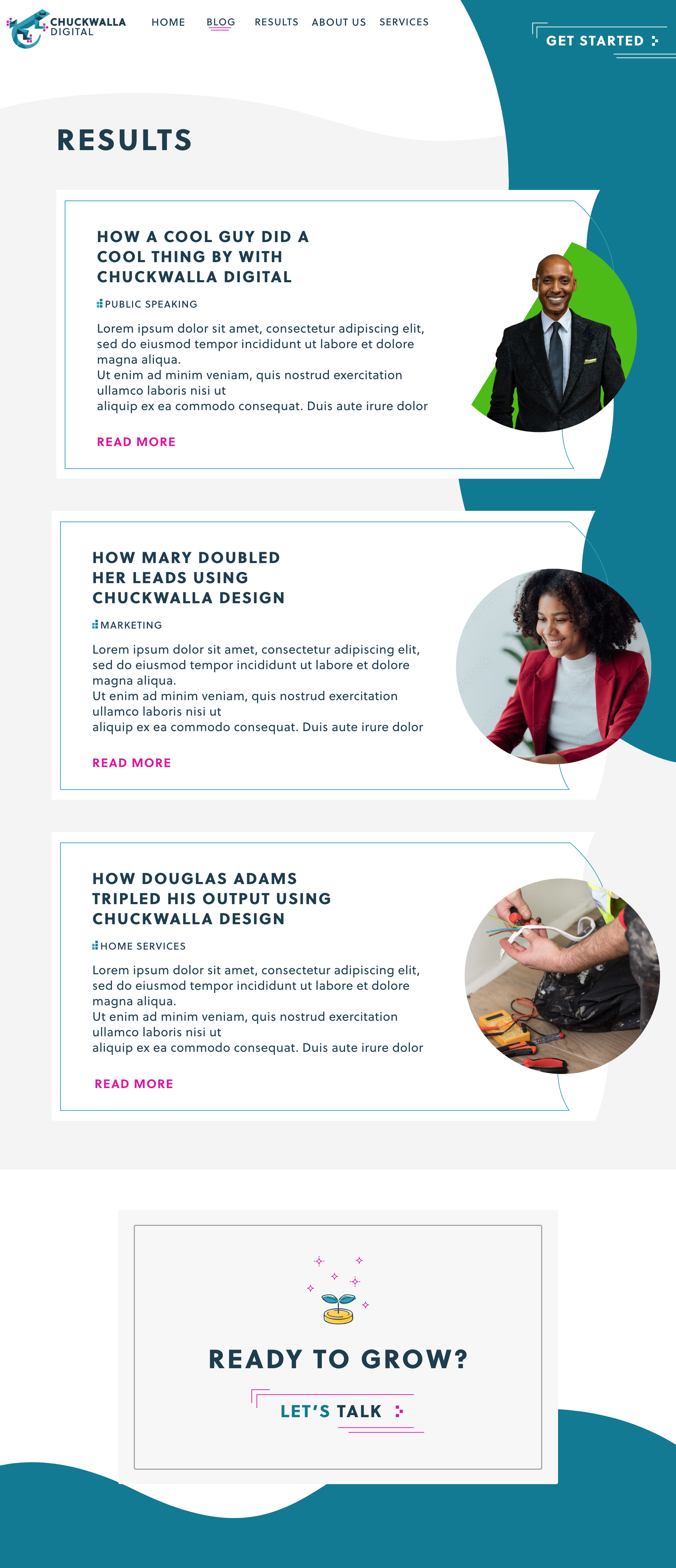 Screenshot of a webpage for Chuckwalla Digital featuring results articles, including a profile photo of a smiling man in a suit, an image of a woman in a red blazer, and a photo of a person holding electrical tools.