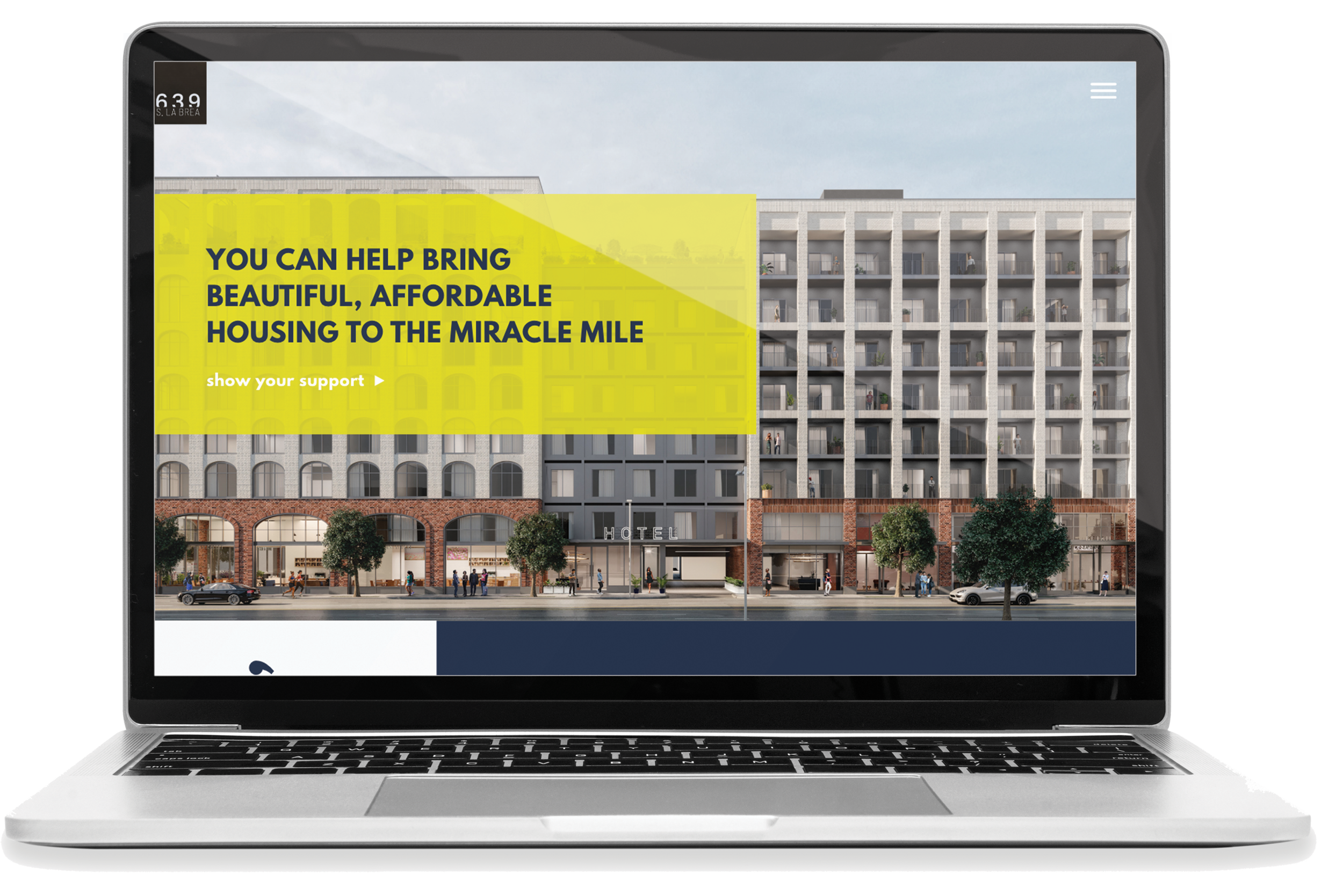 A laptop displaying a website with a background image of a modern apartment building on a city street, featuring a hotel entrance and trees.