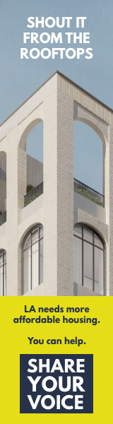 A tall building with arched windows and a rooftop terrace under a blue sky. There is text encouraging people to shout from rooftops and share their voice for affordable housing in Los Angeles.