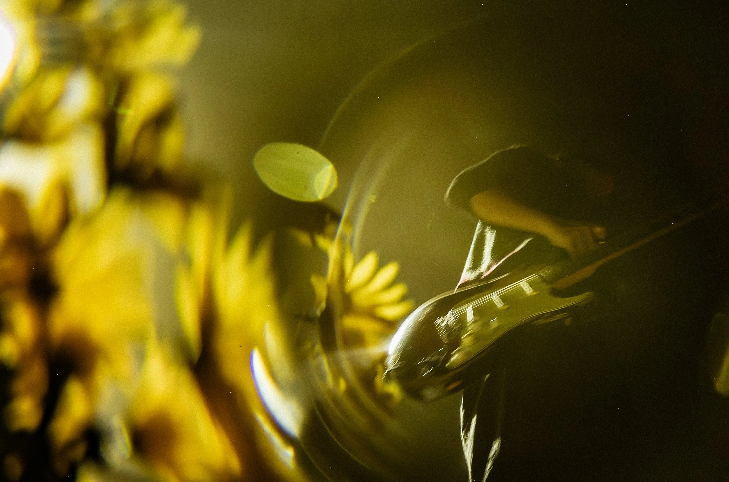 Close-up of a bunch of bananas viewed from inside a transparent glass container, with reflections and a dark background.