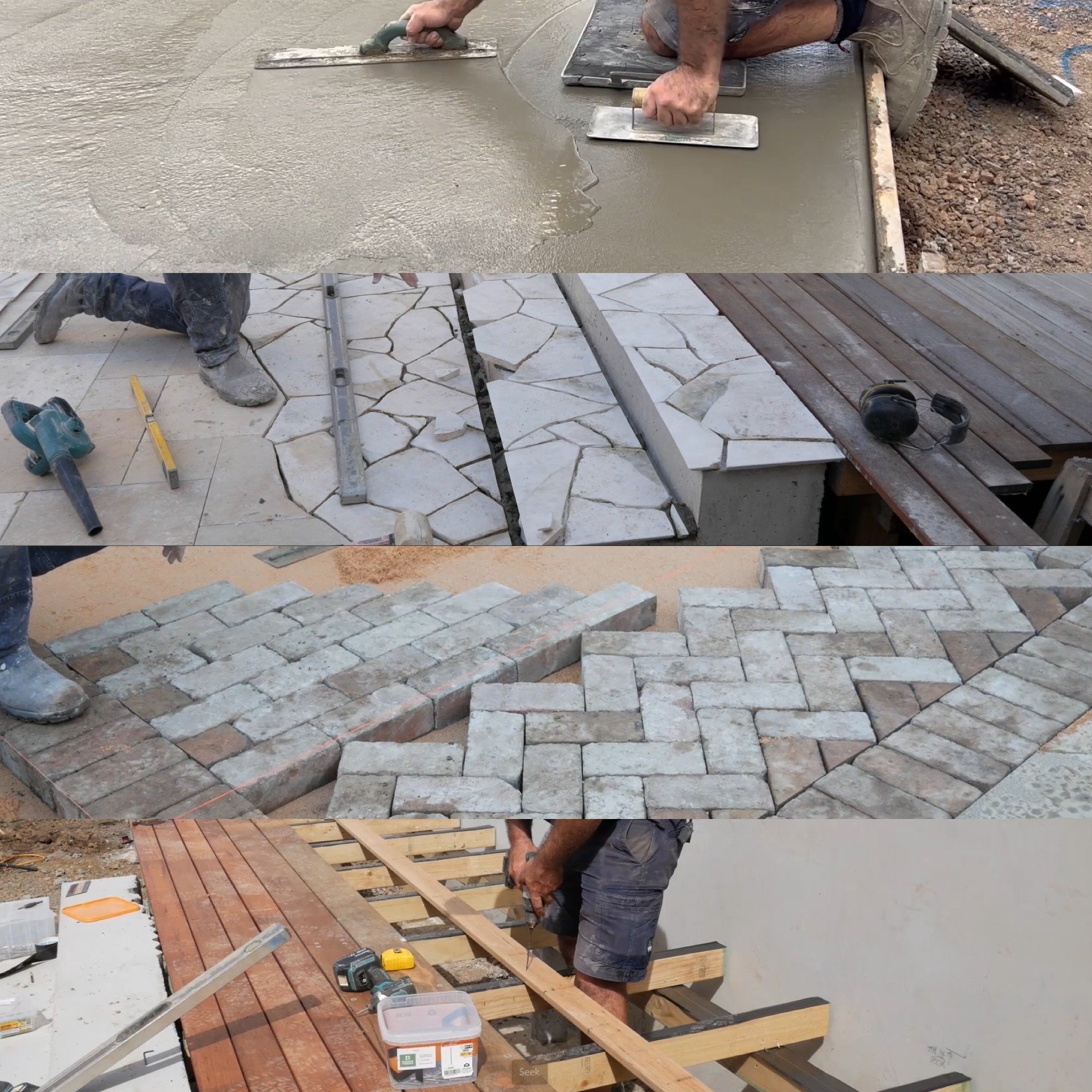 Series of images showing different stages of outdoor construction, including pouring concrete, laying stone and brick pavers, and assembling a wooden deck.