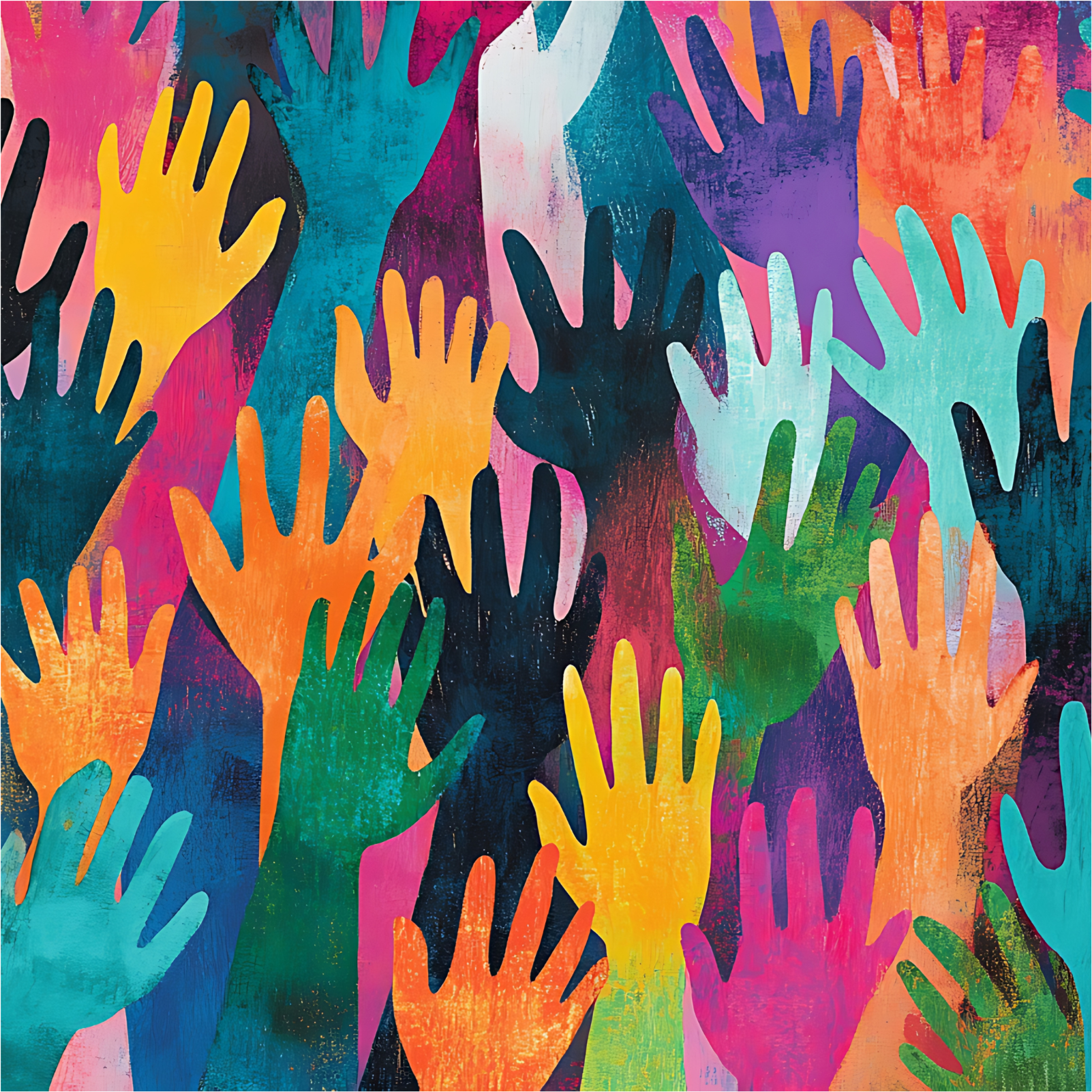 Plusieurs mains de différentes couleurs levées en l'air, sur fond coloré abstrait. Il représente un collectif de professionnelles qui utilise la médiation corporelle.