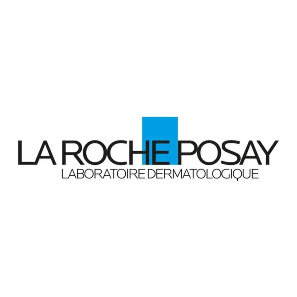 Logo de La Roche-Posay, laboratoire dermatologique, avec un design simple et un texte en noir et bleu.