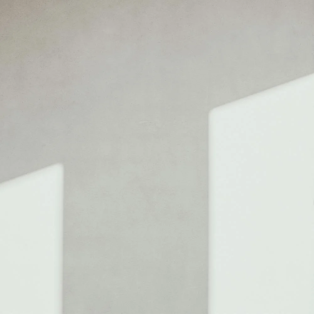 Close-up of white opaque vertical panels on a light grey background.